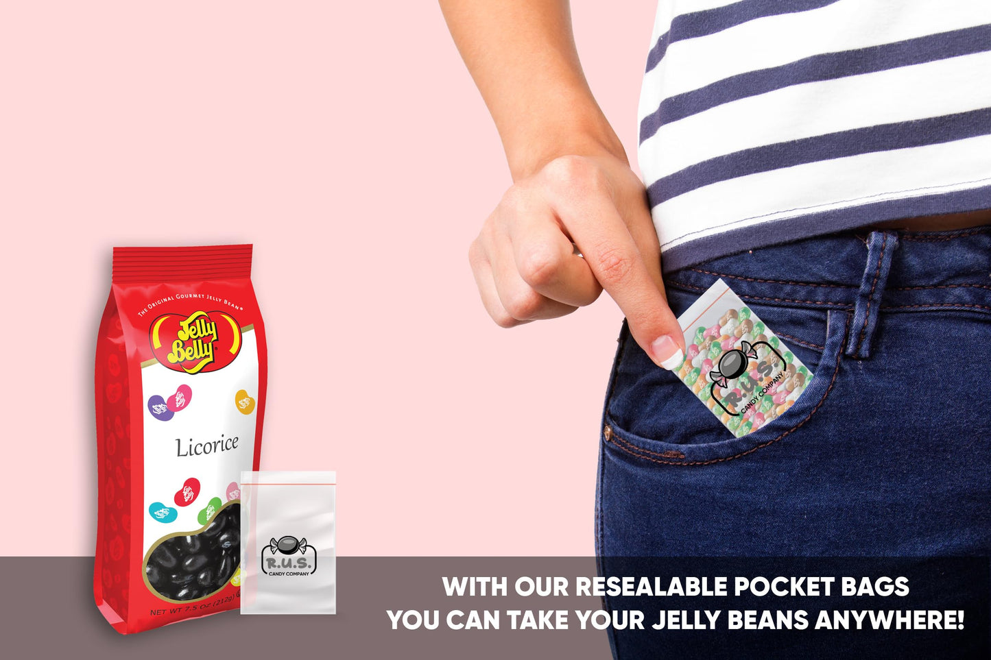 Jelly Belly Bundle- Licorice Flavor Jelly Beans - 7.5 Oz Gift Bag- Includes Rus Candy Company Travel Size Pocket Bag (Licorice)