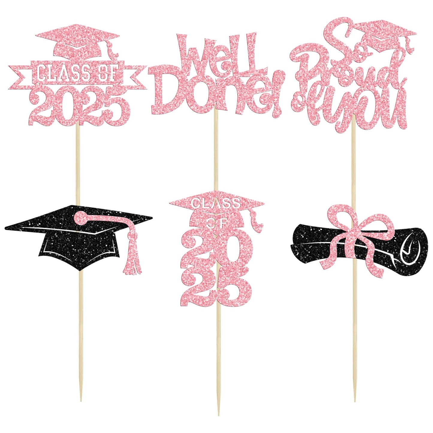 Gyufise Cupcake Toppers 24Pcs Glitter Congrats Grad 2025 Paper Pink Decorations