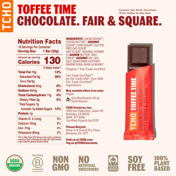 Tcho Toffee Time Chocolate Bars - 100% Plant-Based Organic Cashew Oat Milk Chocolate - Vegan, Soy-Free, Gluten-Free, Individuall
