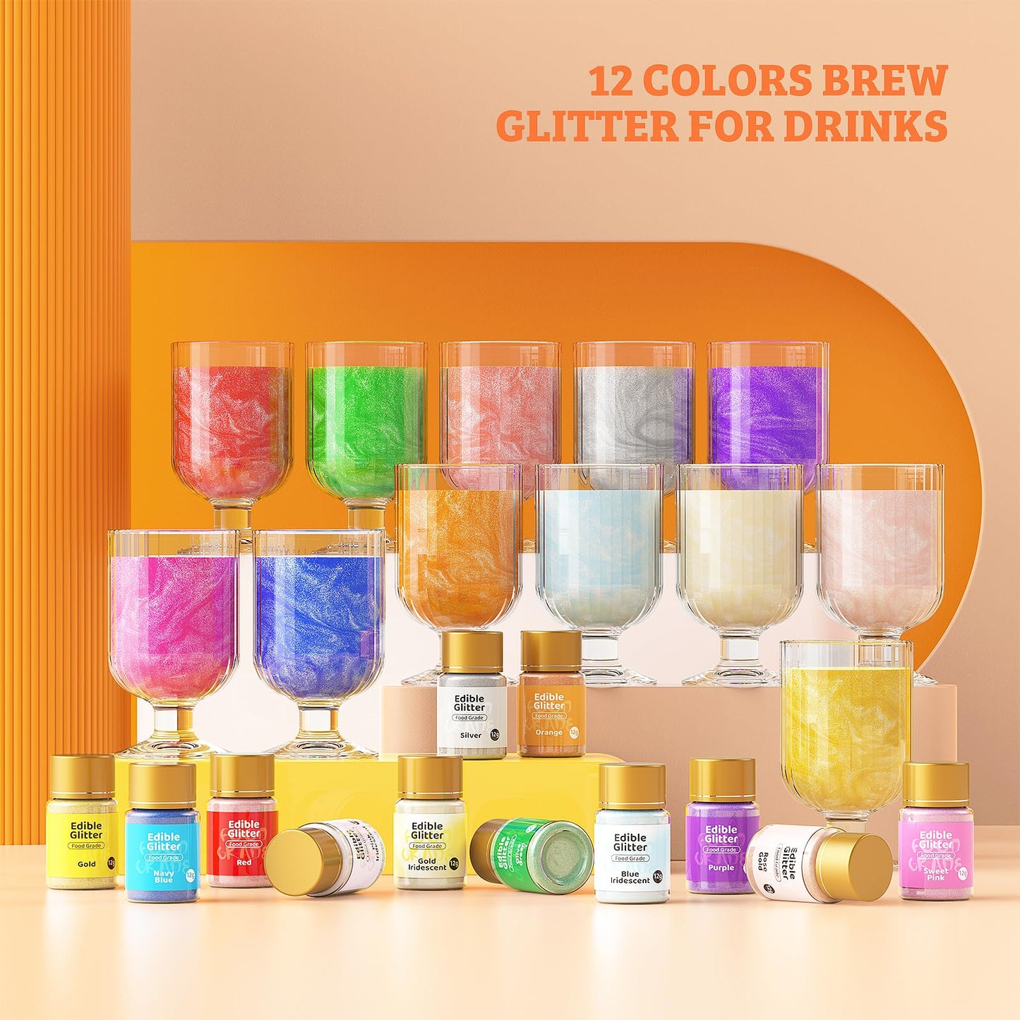 Jelife Orange Edible Glitter for Drinks - Vegan Shimmering Brew Dust, 12 Grams