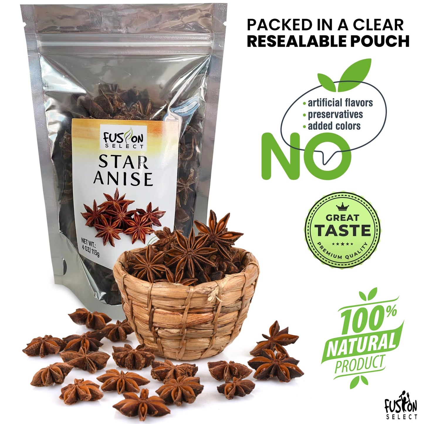 Fusion Select 16 Oz Dried Star Anise - Whole Badian Spice For Oriental & Indian Dishes & Recipes - Natural Herbs & Seasoning For