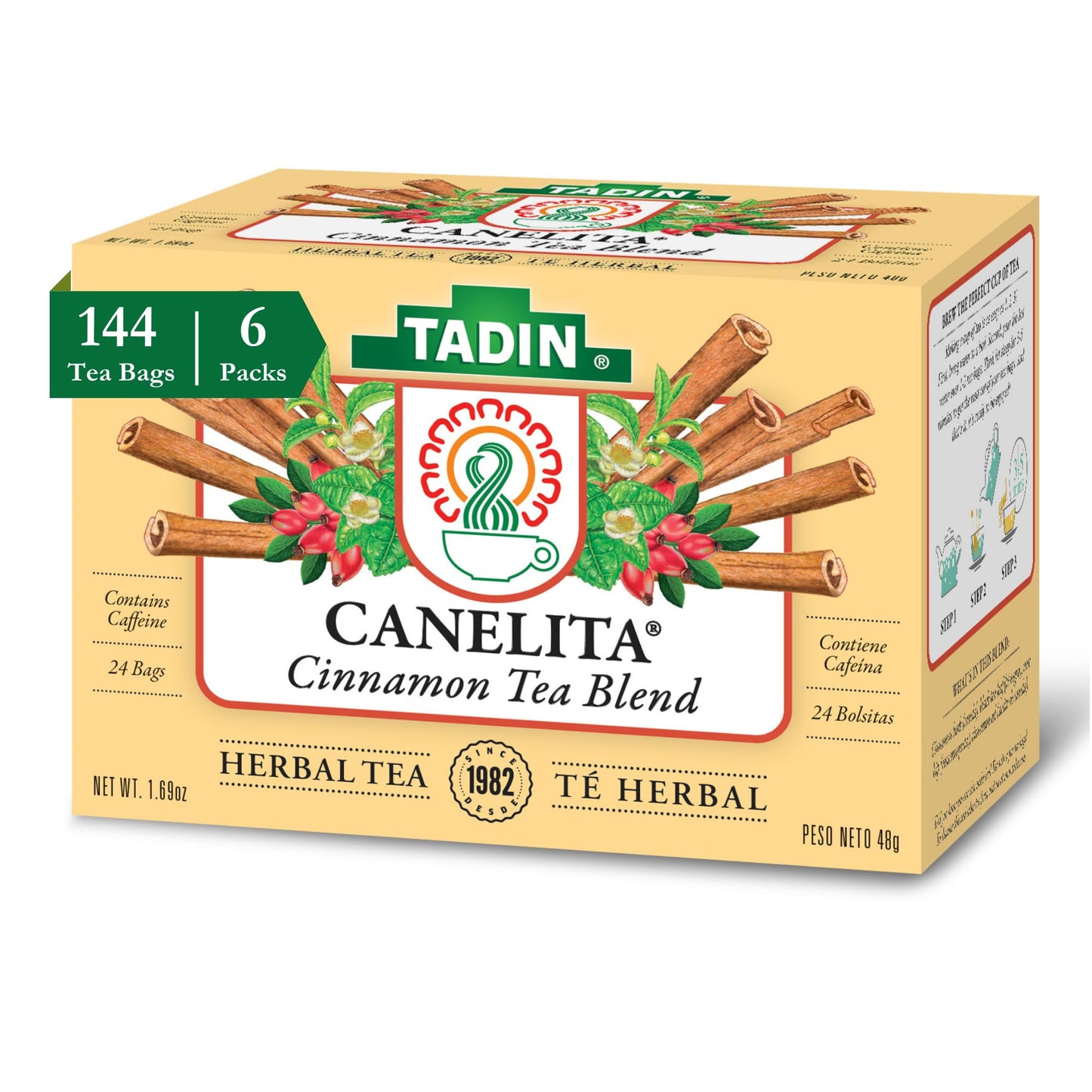 Tadin Cinnamon Tea Blend, Herbal Tea with Caffeine, 24 Tea Bags, Pack of 6