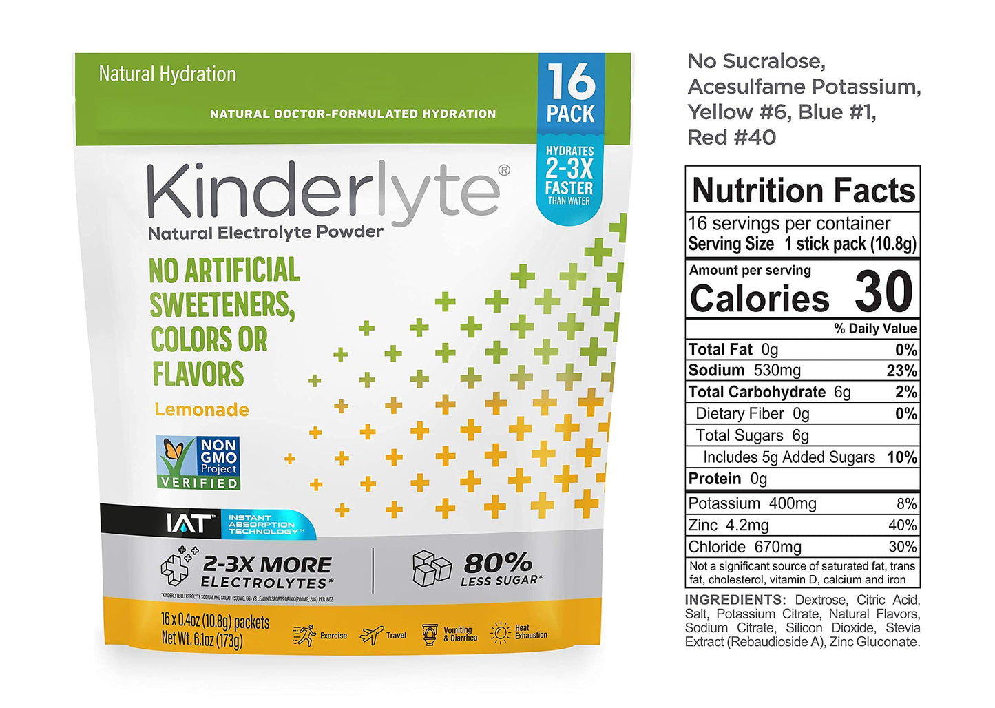 Kinderlyte Electrolyte Powder for Kids and Adults - Drink Mix Hydration Packets (Lemonade, 16 Count), No Artificial Sweeteners o