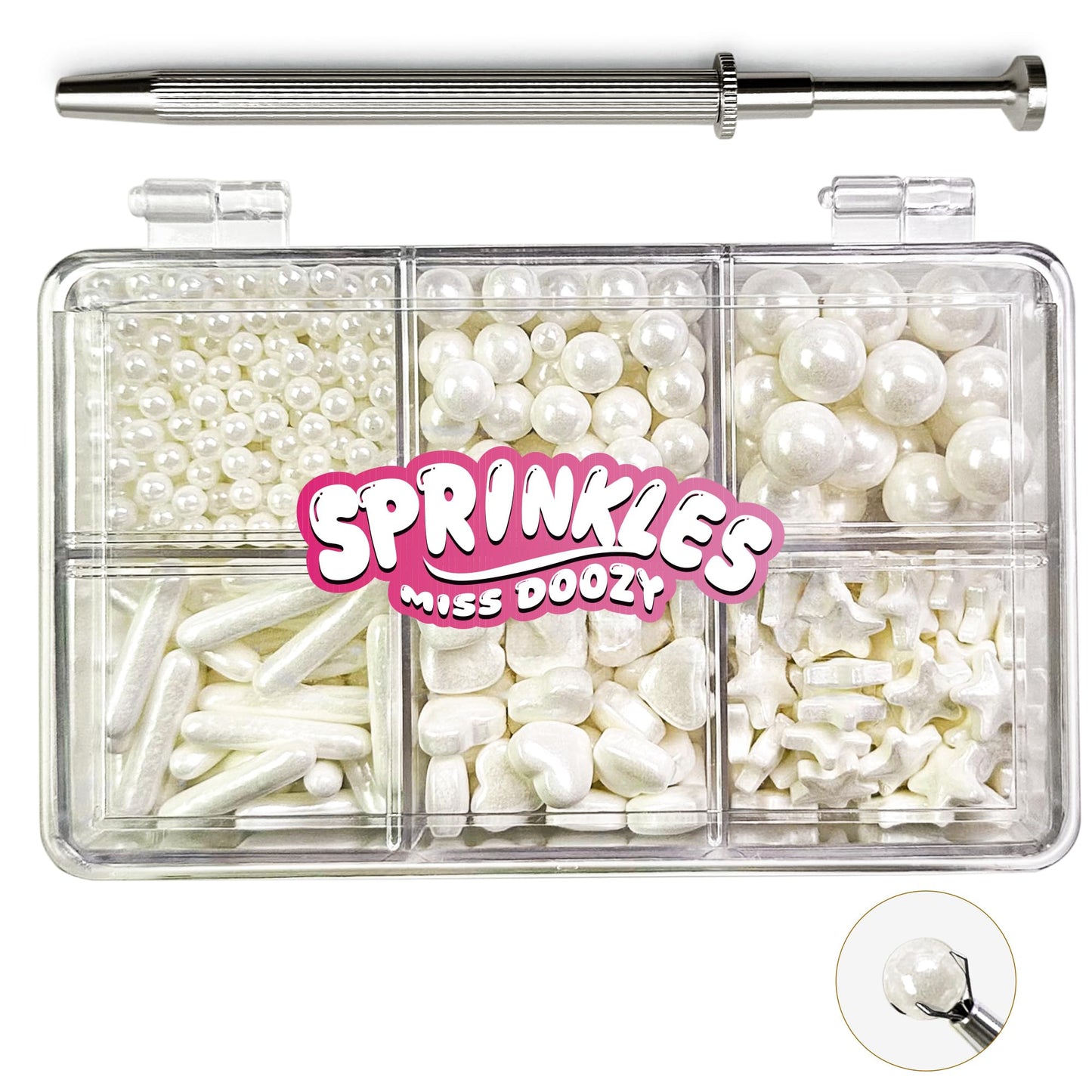White Sprinkles with 4-Claw Pick up Tool Pearl Sugar Mix Size 6.5oz Contains Metallic Rod & Star Sprinkles for Cake Decorations 