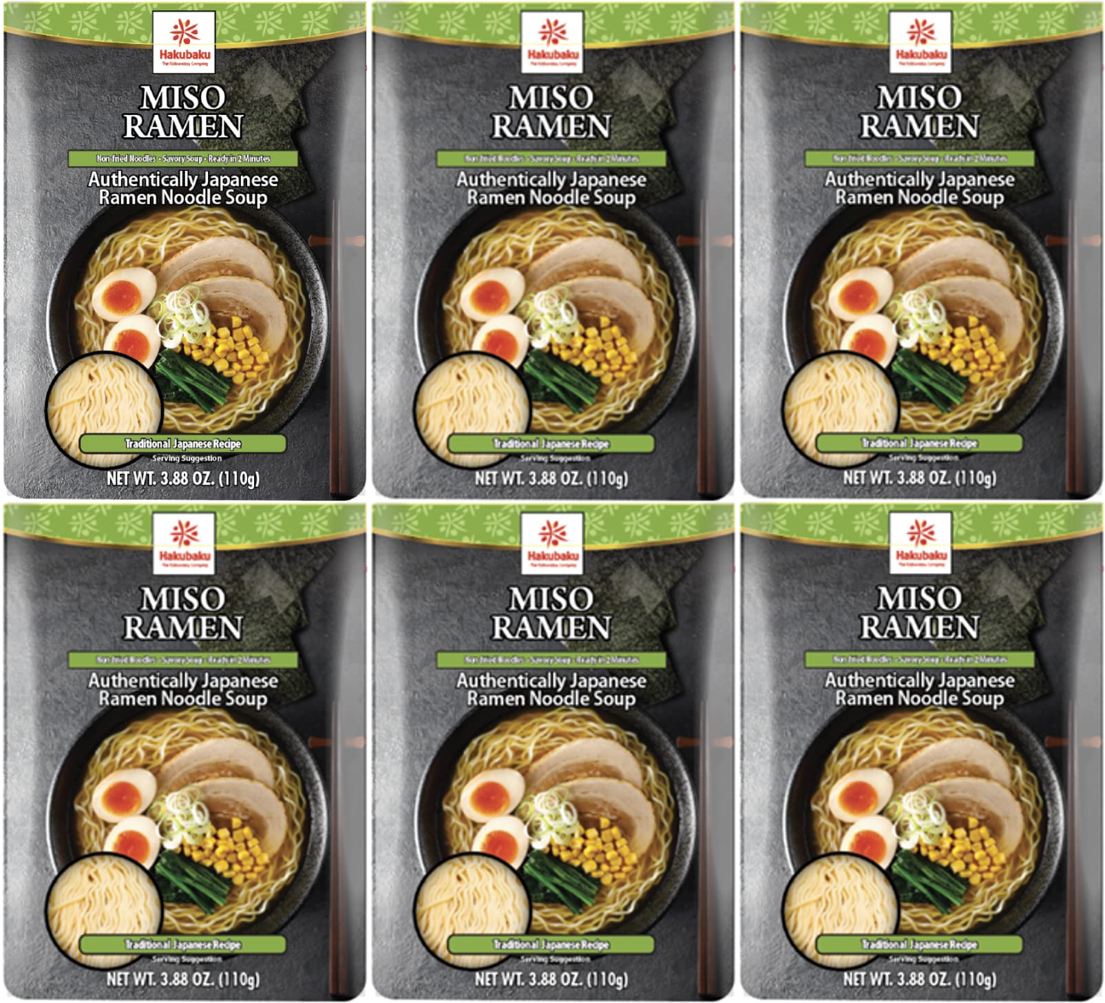 Hakubaku Japanese Ramen Noodle Soup, MISO, 3.88oz (Pack of 6), Authentic Japanese ramen non-fried & soft noodles, shelf-stable