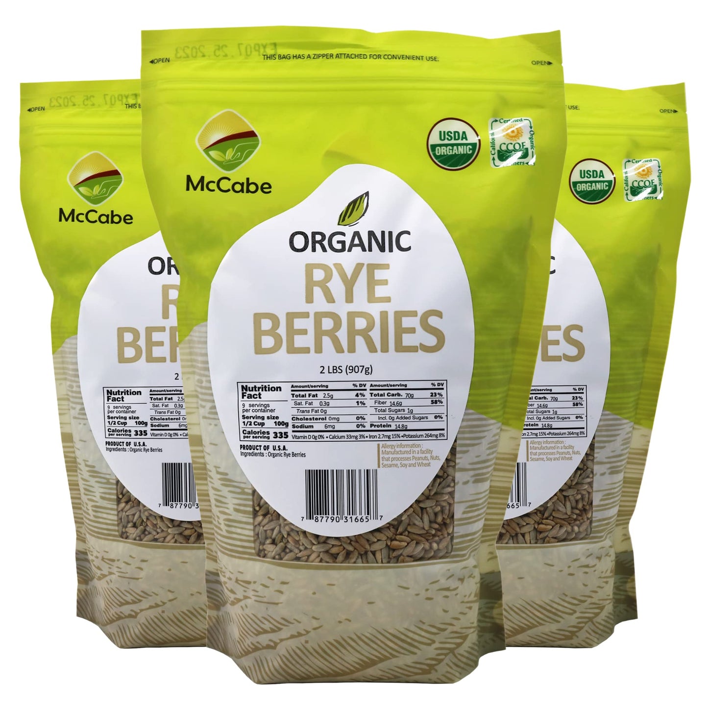 McCabe Organic Rye Berries - Whole Rye Berries 2 Lbs Pack of 3 | USDA Certified Organic and CCOF Certified | Product of USA