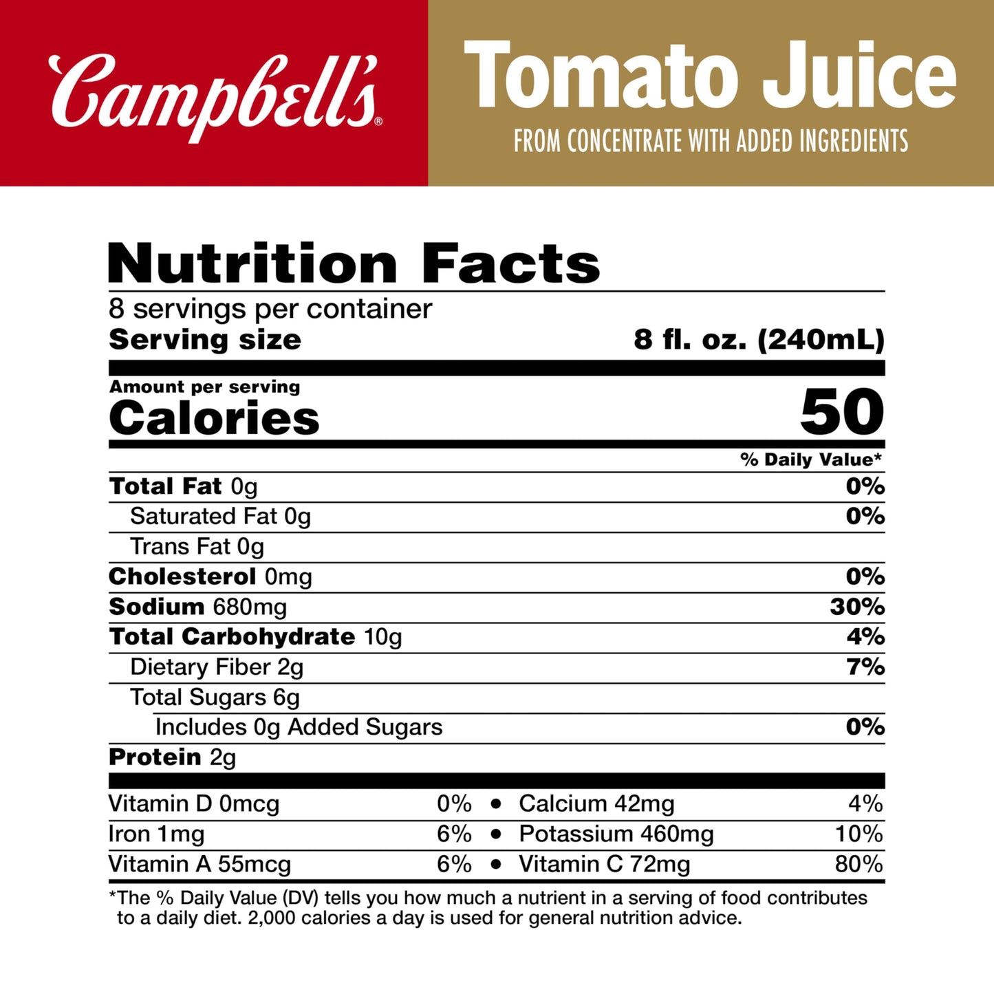 Campbells Tomato Juice, 100% Pure, 64 Fl Oz Bottle, Pack of 6
