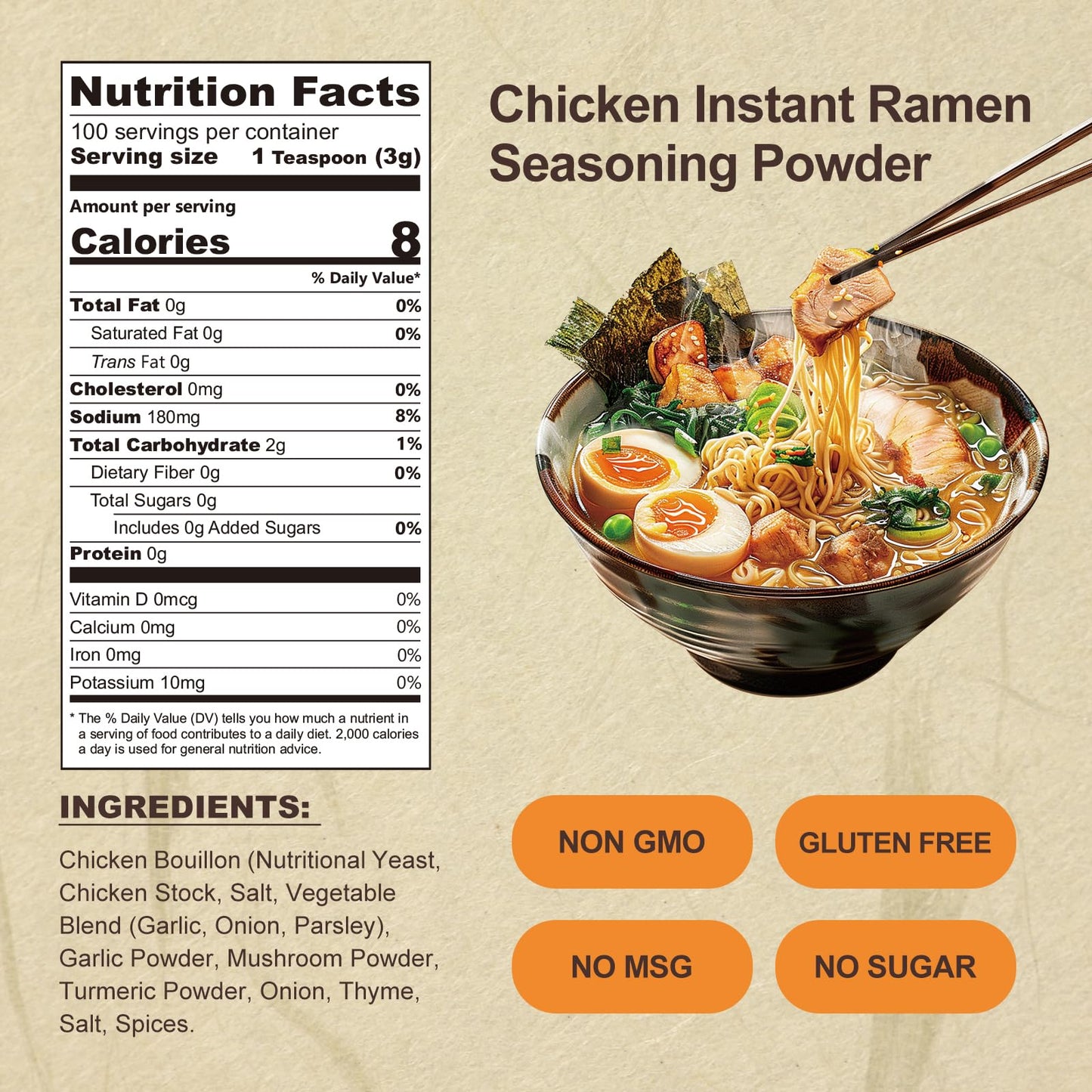 Jayuss Ramen Seasoning Less Sodium Chicken Instant Ramen Seasoning Powder 10.58 Oz Gluten Free, Non-Gmo, No Msg Premium Instant