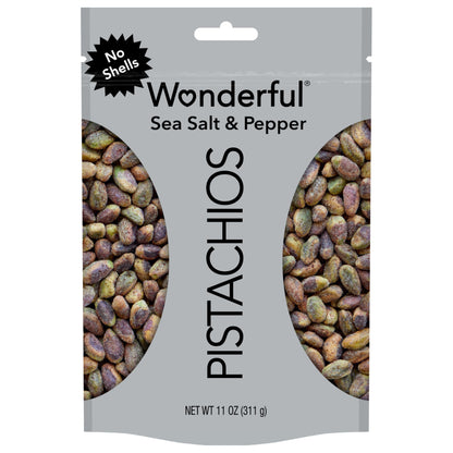 Wonderful Pistachios No Shells, Sea Salt & Pepper Flavored Nuts, 11 Ounce Resealable Bag, Protein Snacks, Gluten Free, Healthy S