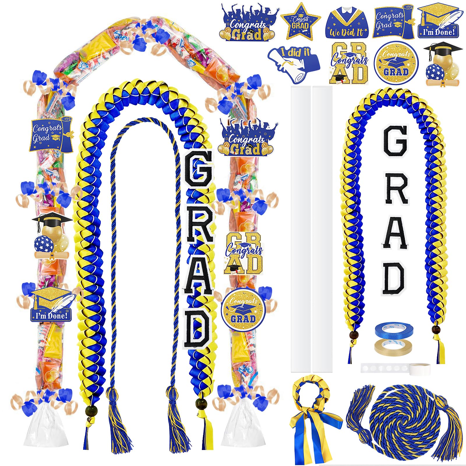 TKNOUS Graduation Ribbon Leis Kit, 10 Pcs Blue & Gold Candy Necklace with Honor Cord, Class of 2025, Lei-G Model