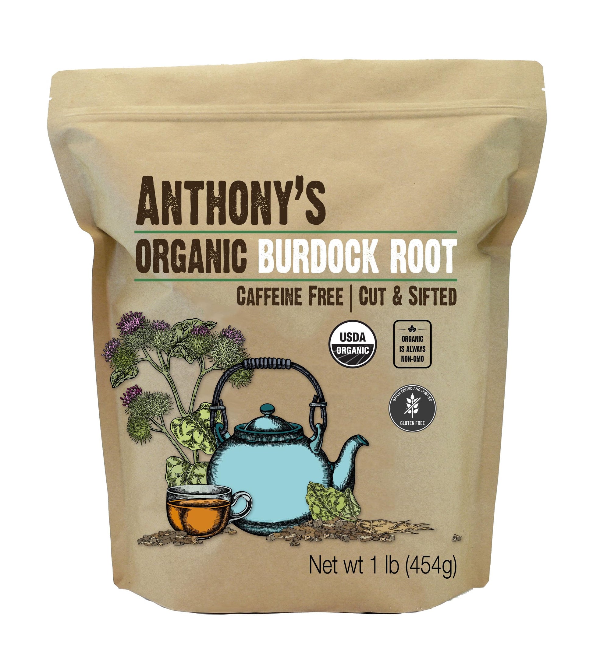 AnthonyS Organic Burdock Root  1 Lb  Gluten Free  Cut & Sifted  Non Gmo  Energy Blend Free