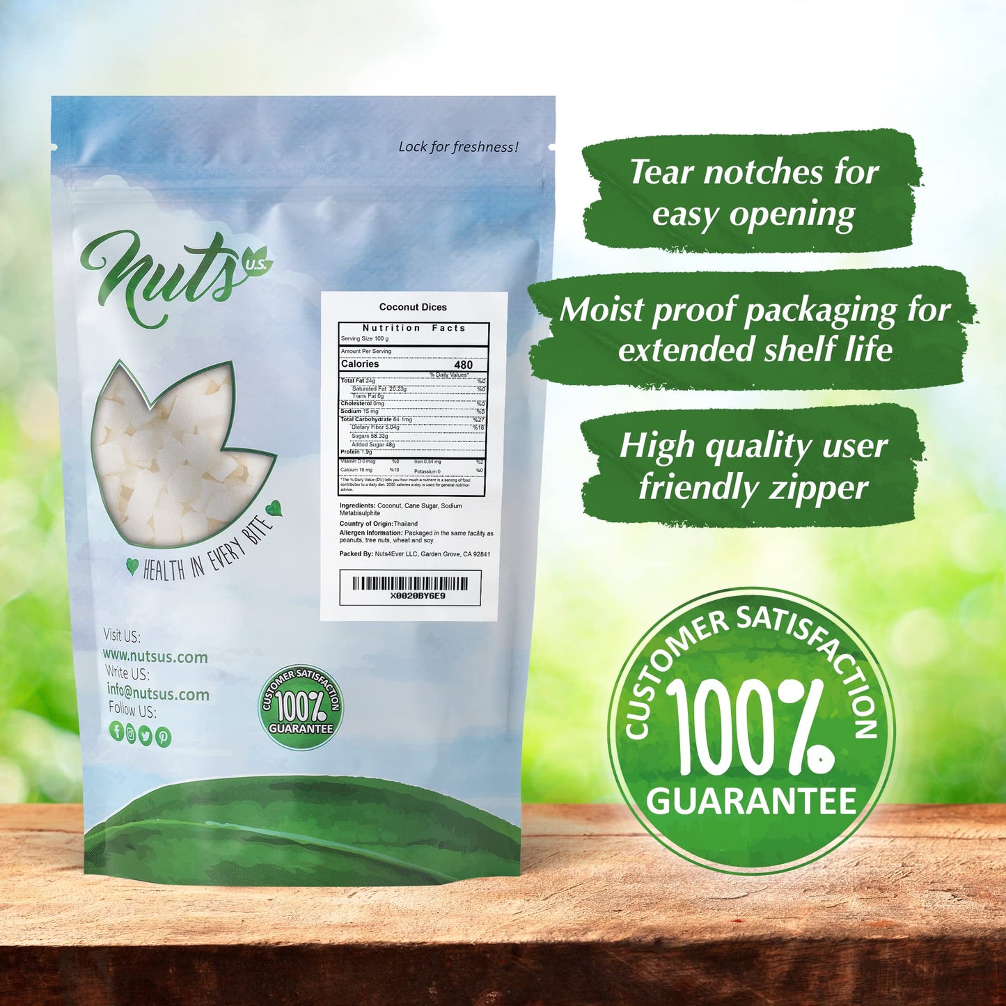 NUTS U.S. Coconut Chunks, Sweetened, No Artificial Colors or Flavors, 1 LB Resealable Bag
