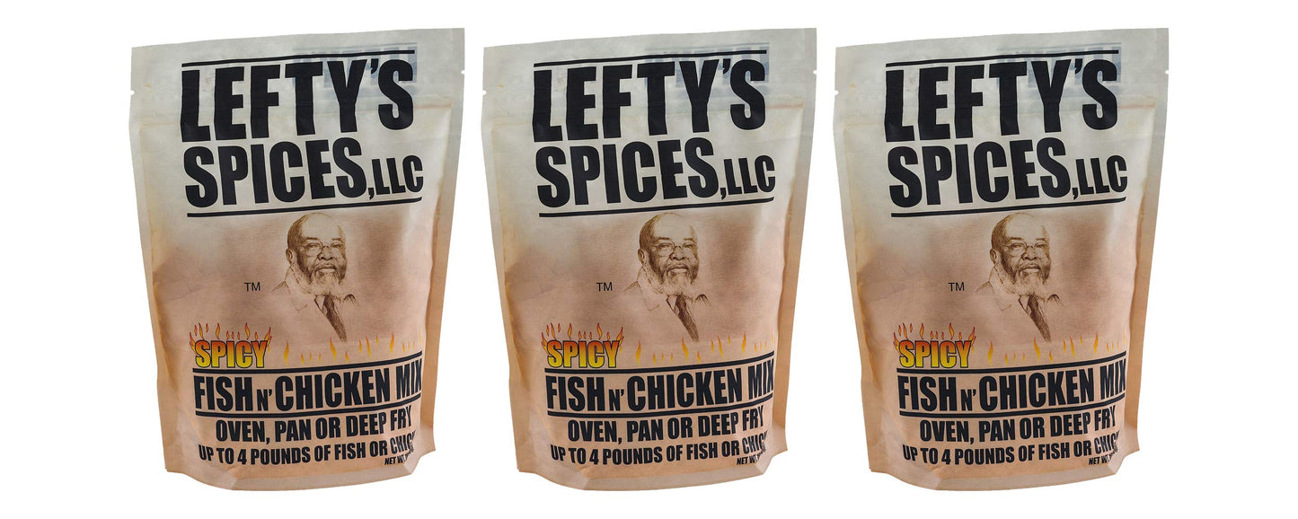 Leftys Spices Fish N Chicken Mix for Oven, Pan or Deep Fry 16oz Bag (Pack of 3) Chose Flavor Below (Spicy)