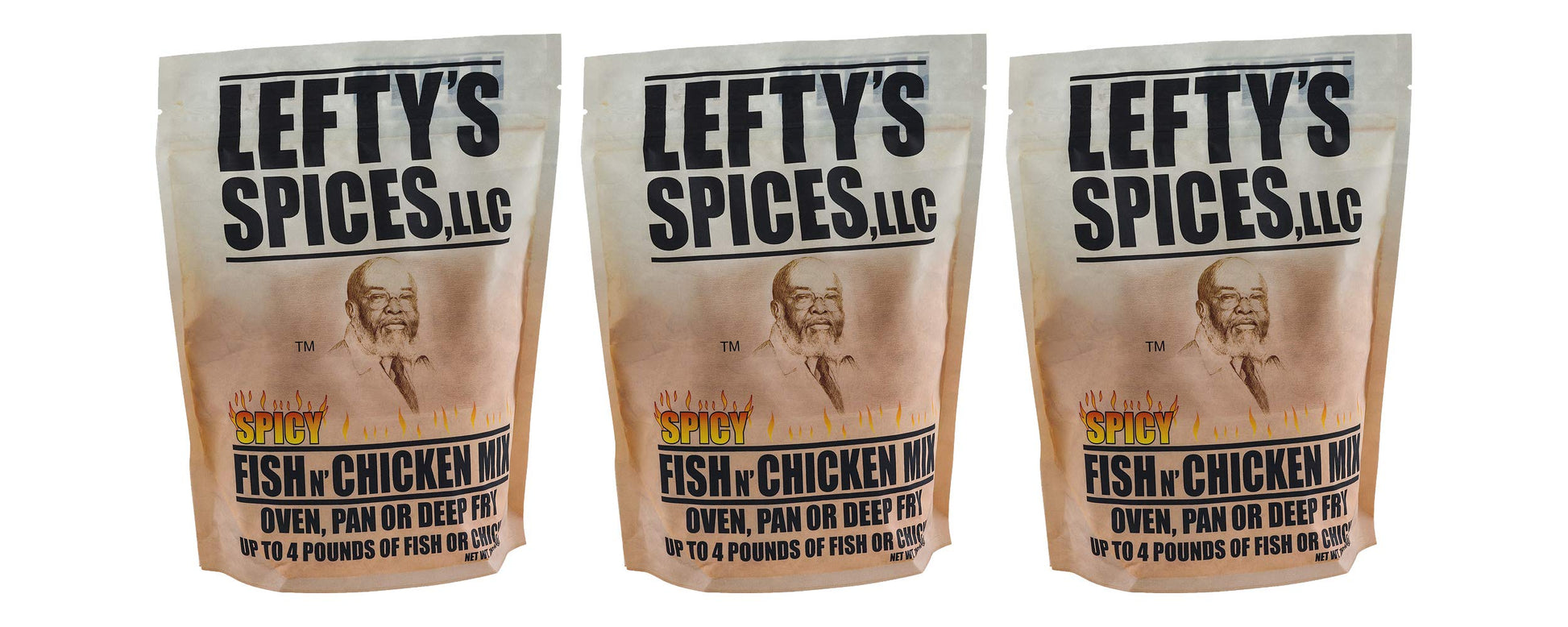 Leftys Spices Fish N Chicken Mix for Oven, Pan or Deep Fry 16oz Bag (Pack of 3) Chose Flavor Below (Spicy)