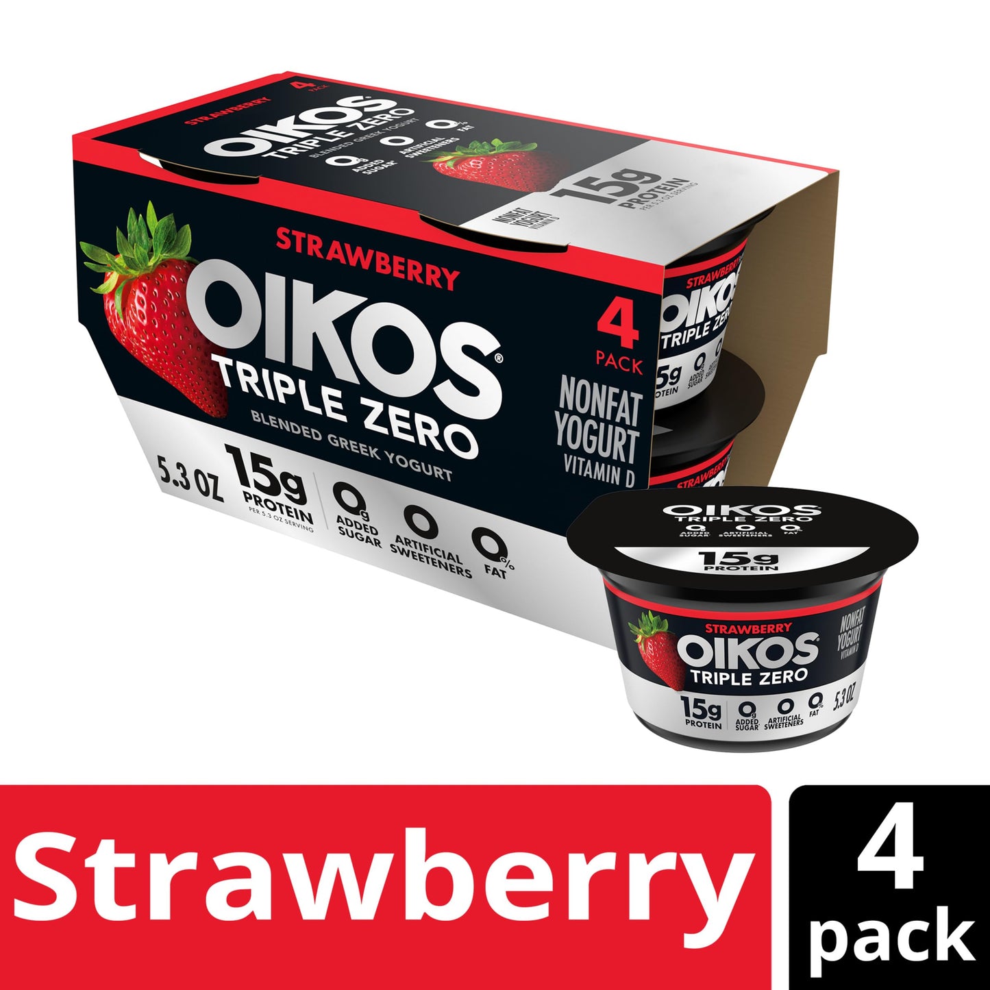 Oikos Triple Zero Strawberry Nonfat Greek Yogurt Pack, 0% Fat, Sugar Free and 0 Artificial Sweeteners, Just Delicious High Prote