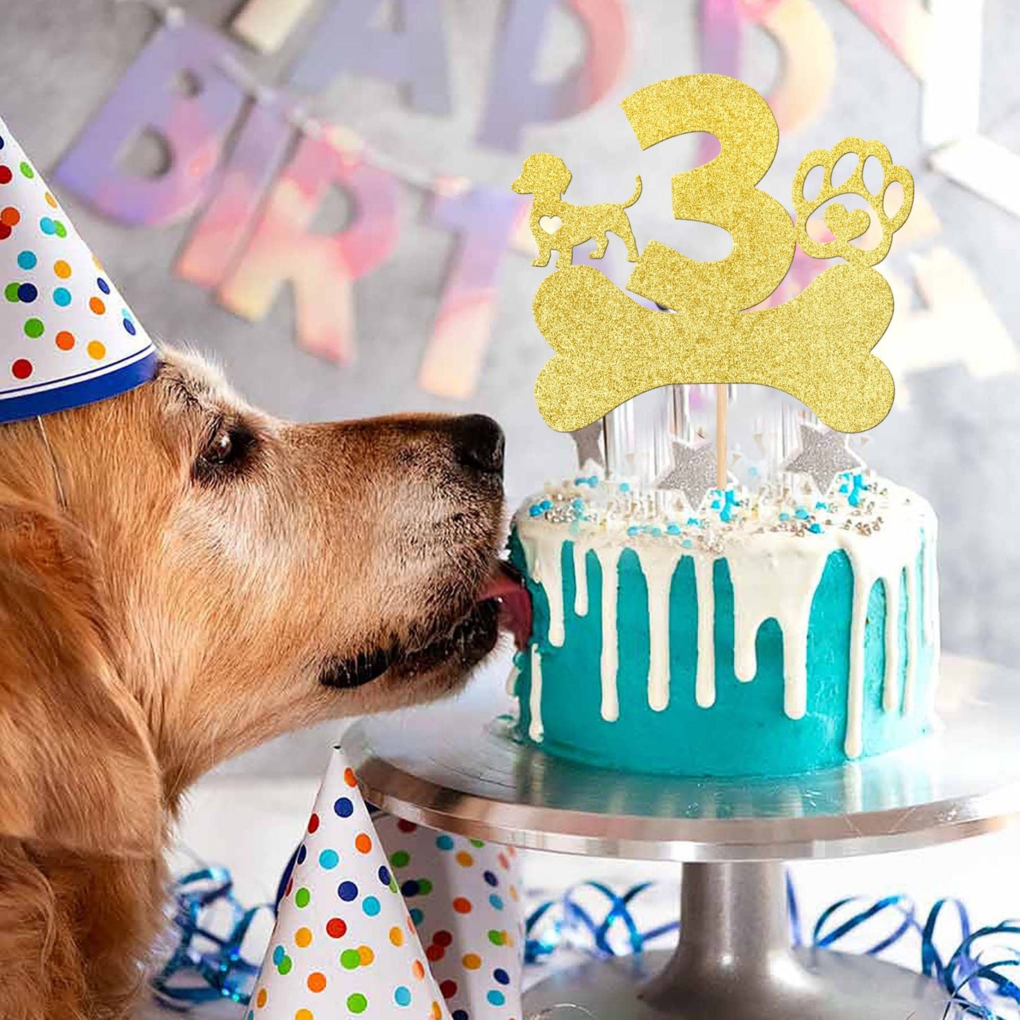 1 Pcs 3Rd Birthday Cake Topper With Gold Glitter Dog Paw Three Years Old Birthday Cake Pick Puppy Dog Bone Cake Decorations For