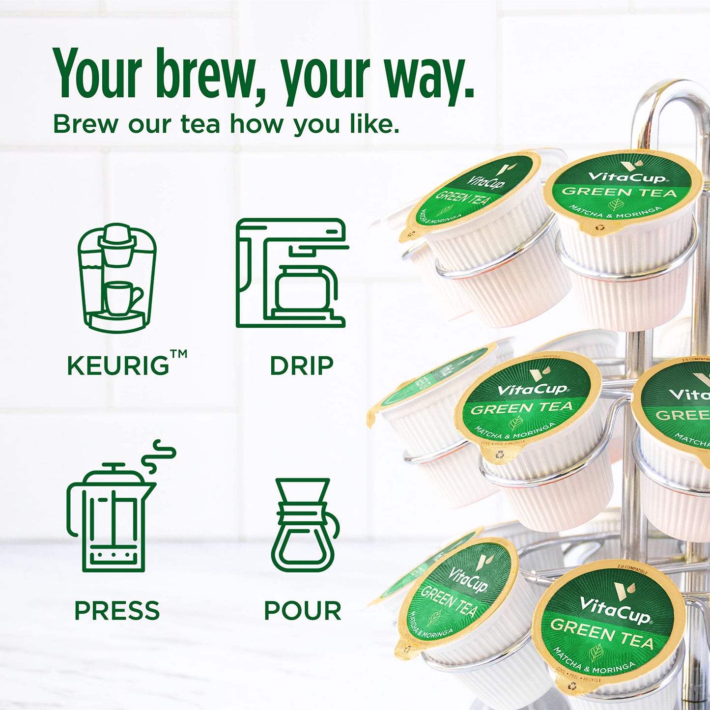 Vitacup Green Tea Pods, Enhance Energy & Detox With Matcha, Moringa, B Vitamins, D3, Keto, Paleo, Vegan, Recyclable Single Serve Pod, Compatible With Keurig K-Cup Malt-Inspired,64 Ct