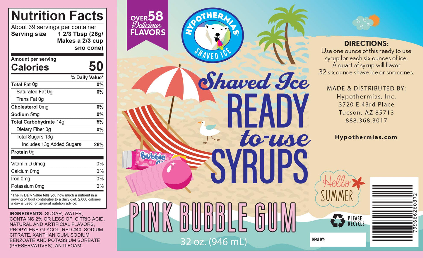 Hypothermias Shaved Ice & Snow Cone Syrup - Quart (32 Fl. Oz) - Pink Bubble Gum - Made With Non-Gmo 100% Pure Cane Sugar, No Cor