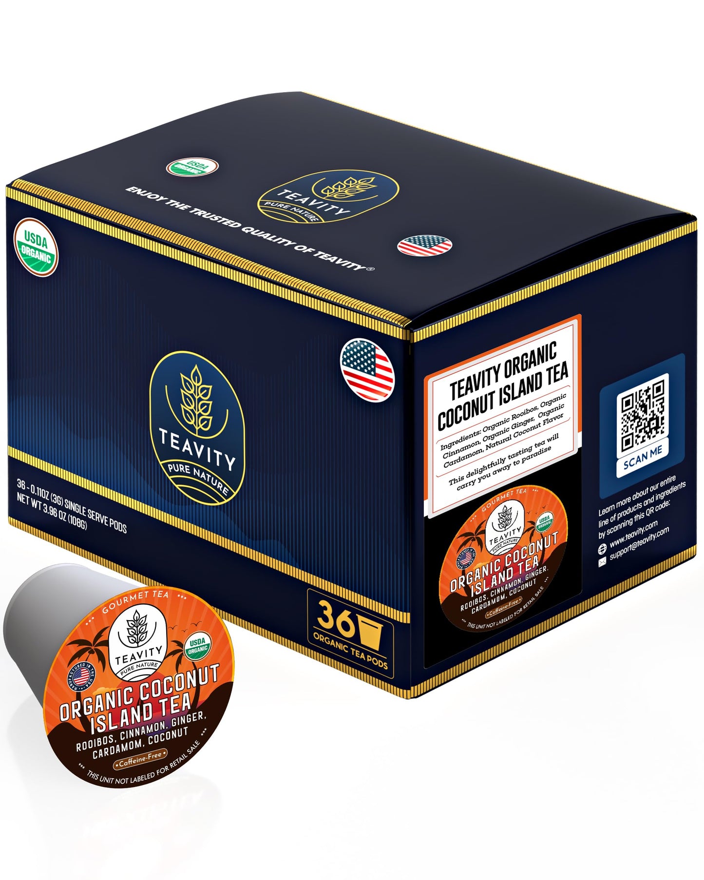 Teavity Organic Coconut Island Tea Pods, Recyclable Single-Serve, Compatible with Keurig 2.0, 36 Count