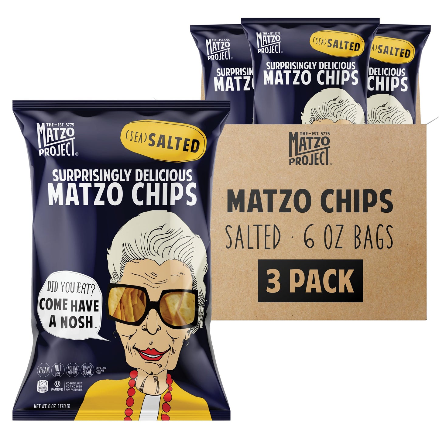 THE MATZO PROJECT Matzo Chips, Salted, Kosher, Vegan, Nut-Free, 6 Ounce (Pack of 3)