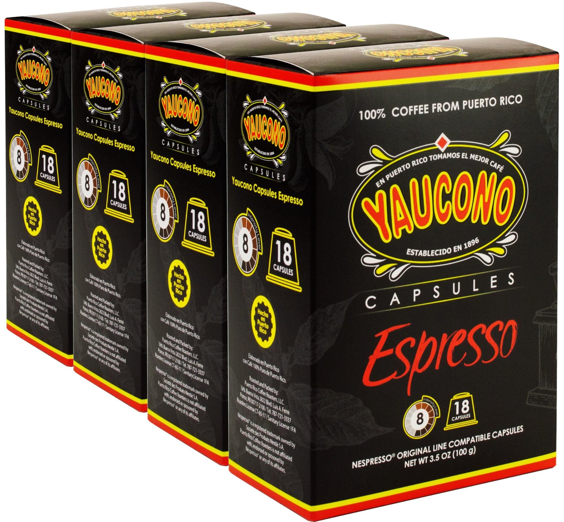 Yaucono Espresso Capsules, Espresso Roast, Compatible with Nespresso, 18 Count, Pack of 4