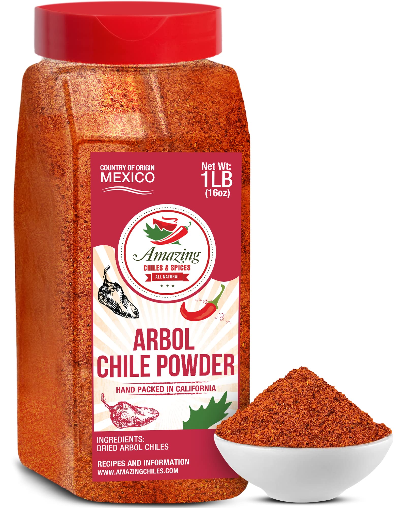 Amazing Chiles & Spices Chile de Arbol Dried Red Chili Pepper Powder 1LB (16oz) Ground Peppers for Authentic Mexican Cuisine