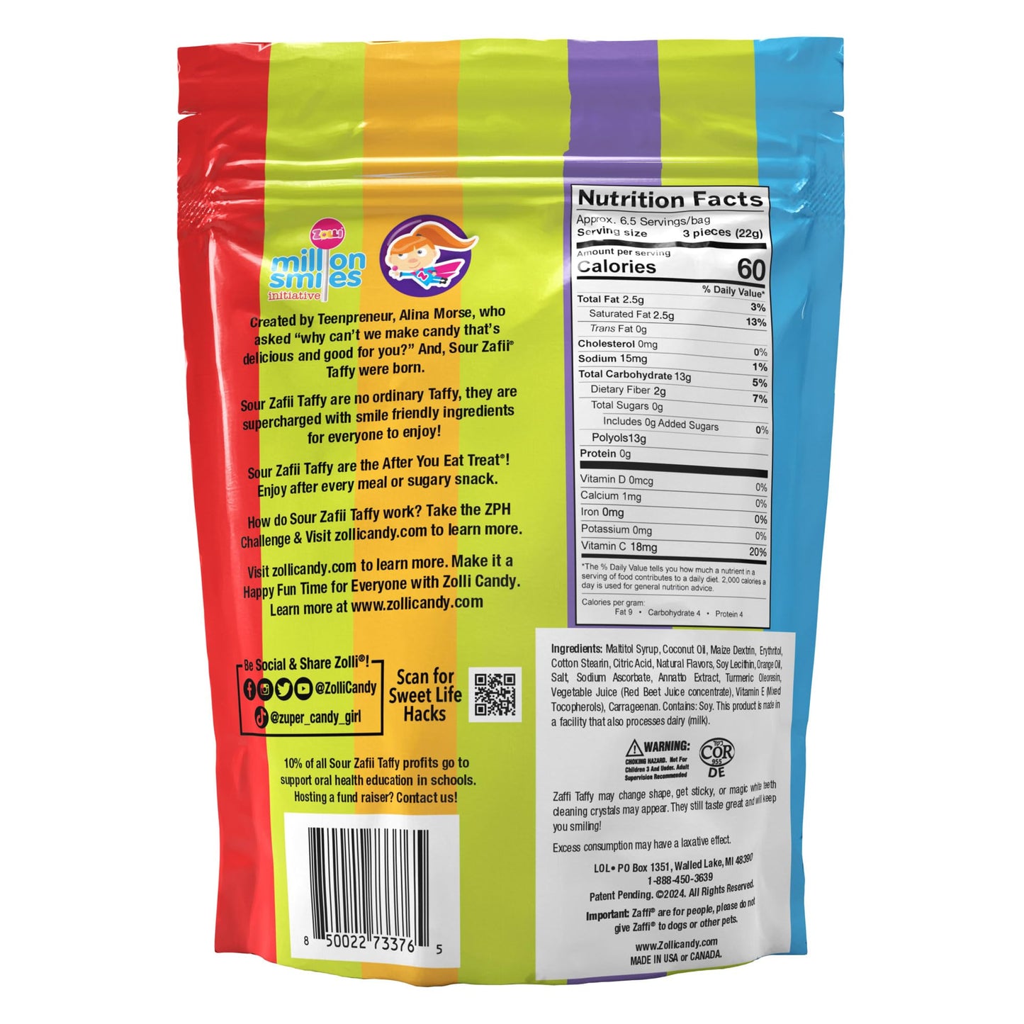 Zaffi Taffy Sour In Assorted Sour Flavors, Watermelon, Green Apple, Blue Raspberry, And Grape, 5 Oz. Bag