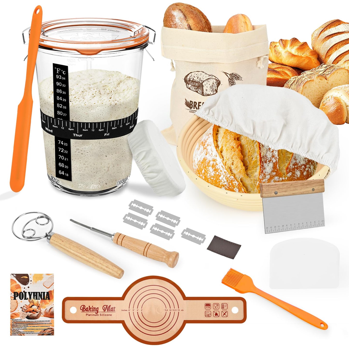 Sourdough Starter Kit, Sourdough Bread Baking Supplies, 9Banneton Bread Proofing Basket With Glass Sour Dough Starter Jar, Breads Scoring Tool,Breads Making Tools Gifts For Bakers Women Wife Mom