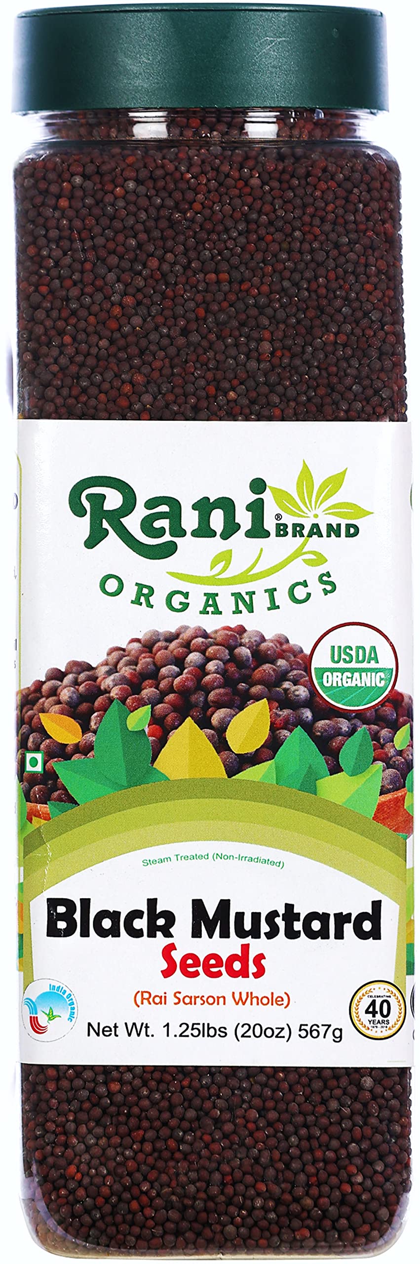 Rani Organic Black Mustard Seeds Whole Spice (Rai Sarson) 20oz (1.25lbs) 567g PET Jar ~ All Natural | Vegan | Gluten Friendly | 