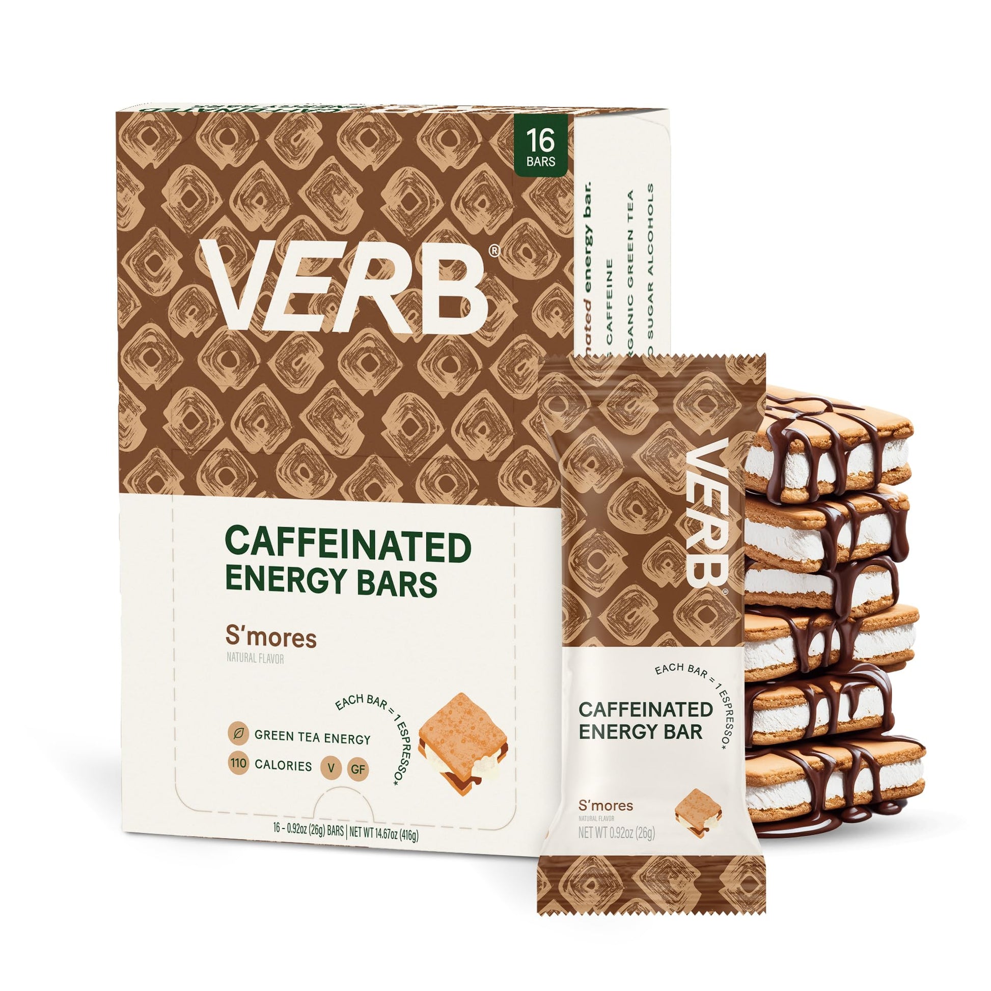 Verb Caffeinated Energy Bars Smores (26G, Pack Of 16) 110-Calorie Delicious Low Sugar Energy Bar - Vegan Gluten Free On-The Go Snack With 80Mg Green Tea Caffeine, Only Real-Food Ingredients