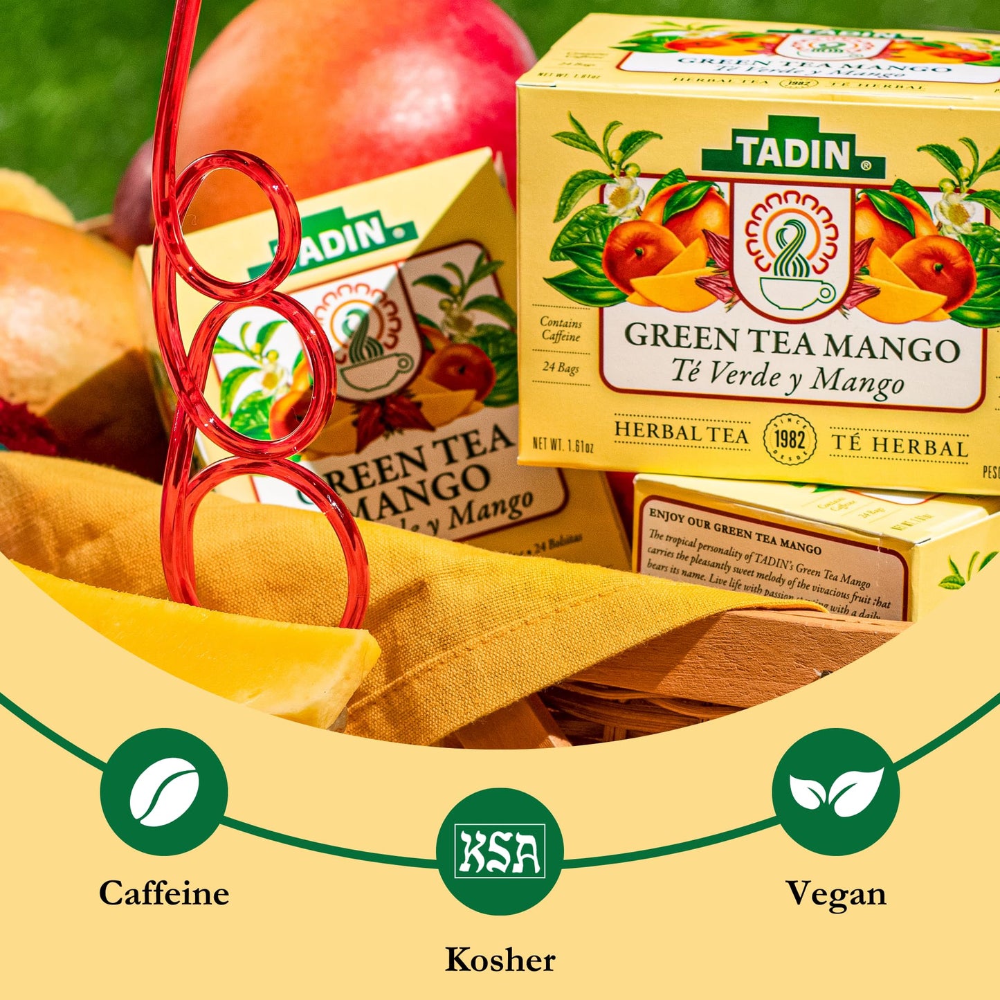 Tadin Mango Green Tea, Herbal Tea, Green Tea Bags, Caffeinated Tea, Tea Bags Individually Wrapped, 24 Tea Bags, Pack Of 6