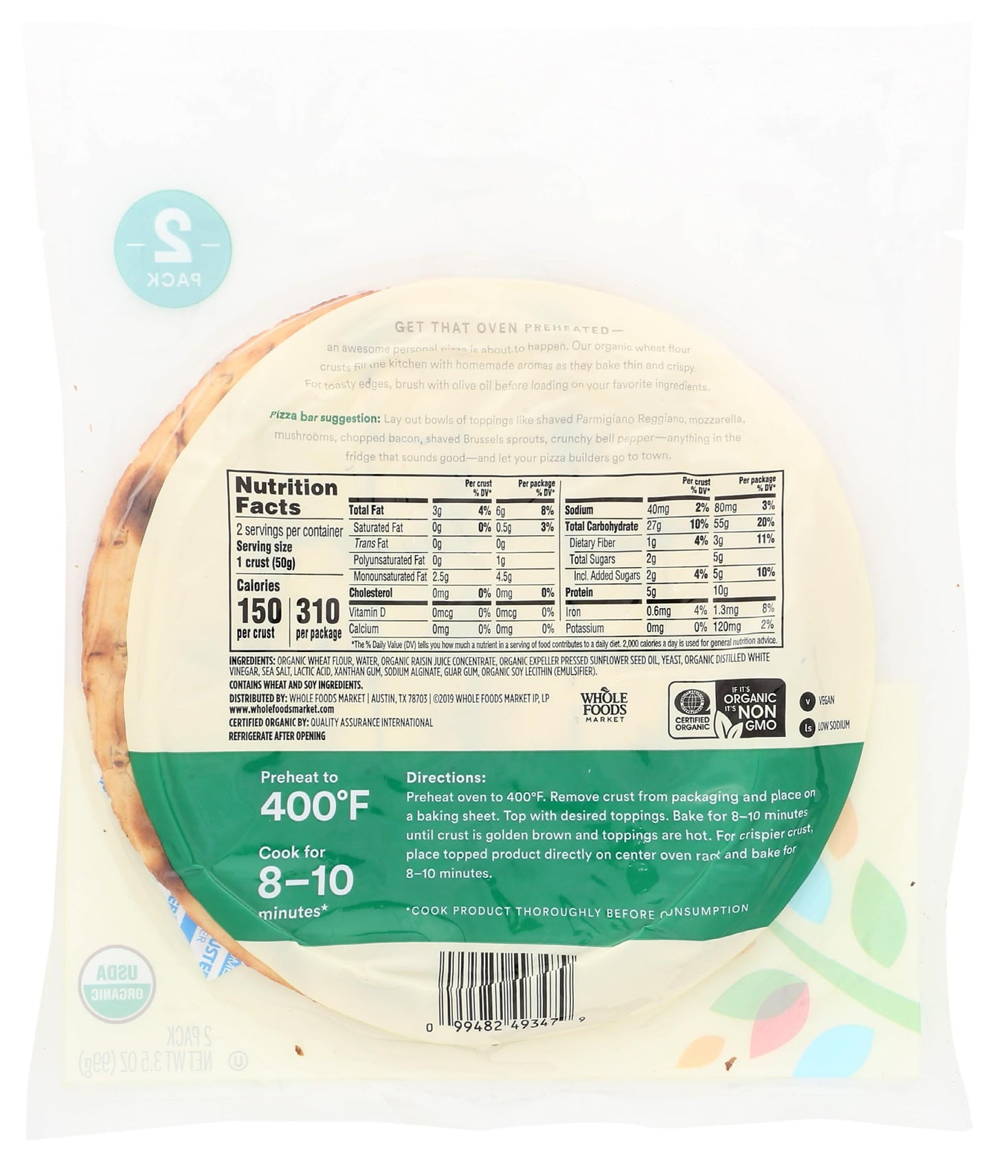 365 by Whole Foods Market, Pizza Crusts Rustic White 7 Inch Organic 2 Count, 3.5 Ounce
