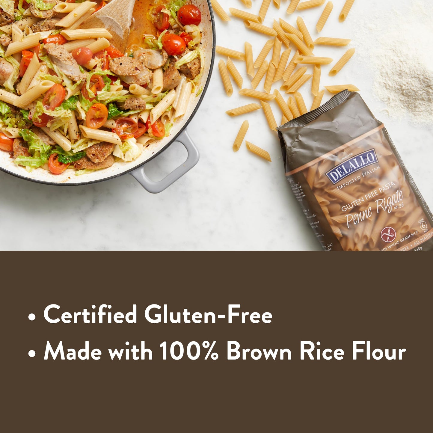 Delallo Gluten Free Penne Pasta, Non-Gmo, Made With Brown Rice Flour, Made In Italy, Whole Grain, Kosher, All Natural, 12 Oz Bag, (12 Pack)