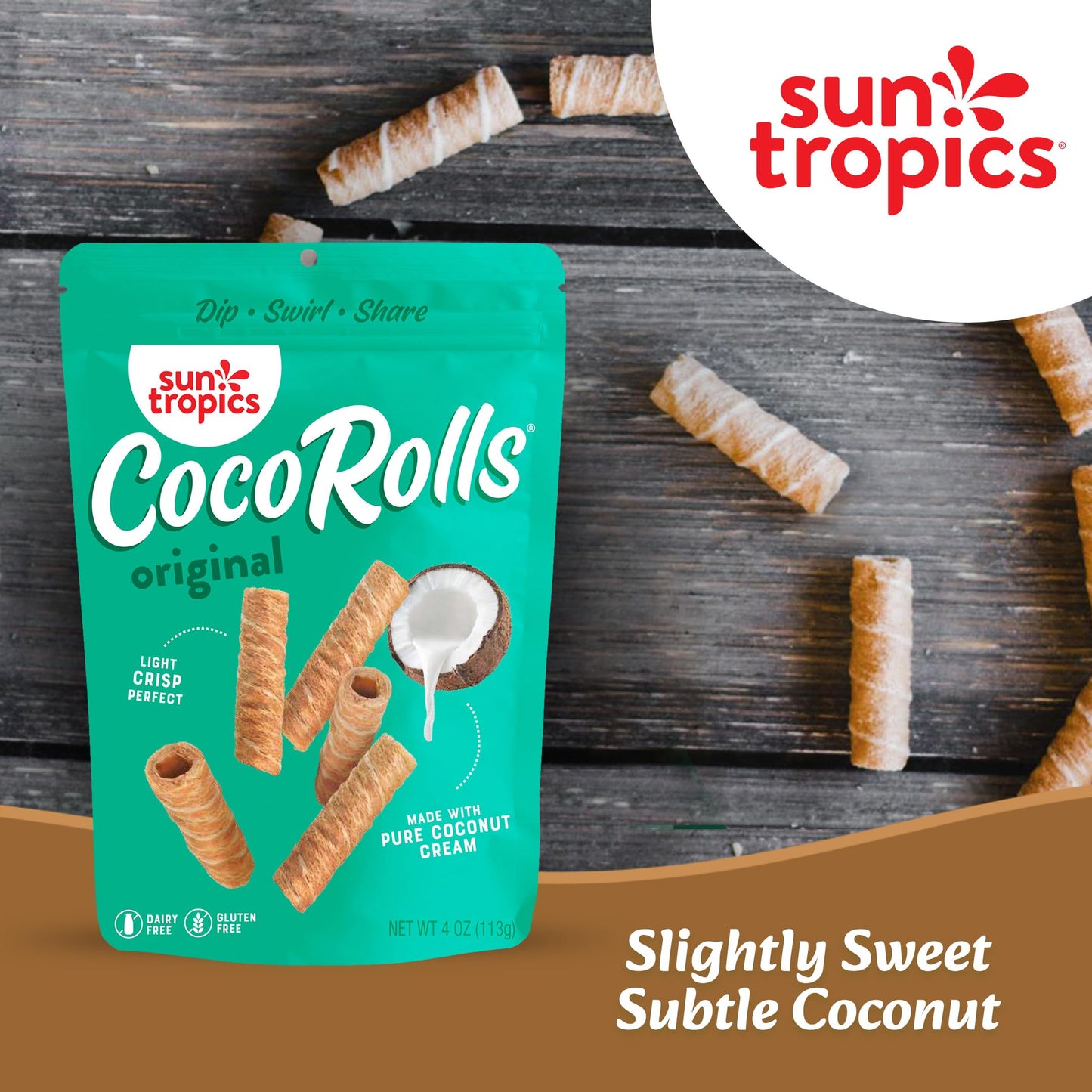Sun Tropics CocoRolls Original Flavor- 6 count (4 oz each) | Crisp Rolled Wafer Cookies, Coconut Rolls Made With Pure Coconut Cr