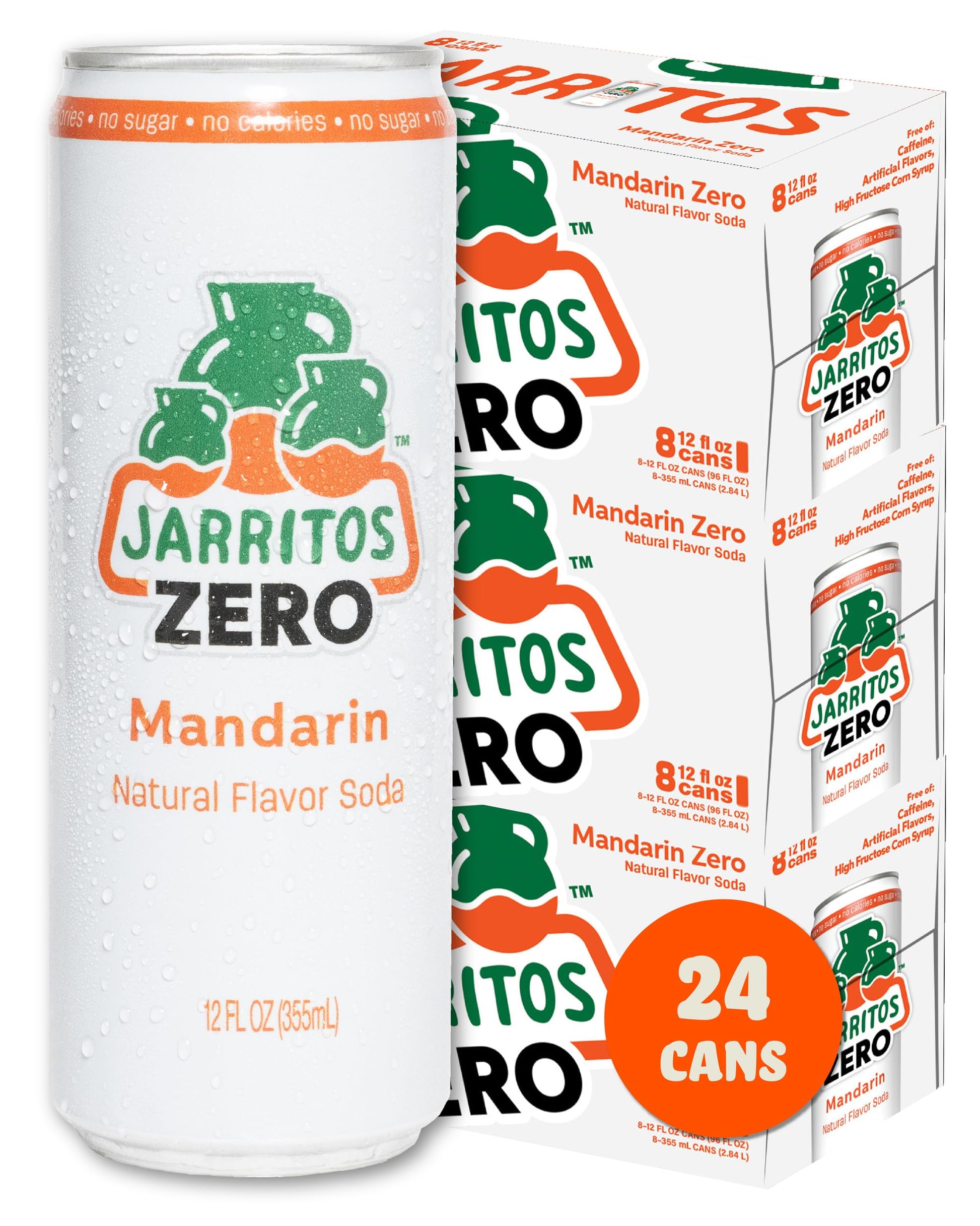 Jarritos - Mexican Soda Soft Drinks  Mandarin ZERO Sugar (12 oz  355ml) 24 Cans (3 Boxes of 8) - Sugar Free - 0 Calories  0g Fat - Made in Mexico - Natural Flavor Soda Pop - Party & BBQ Beverages