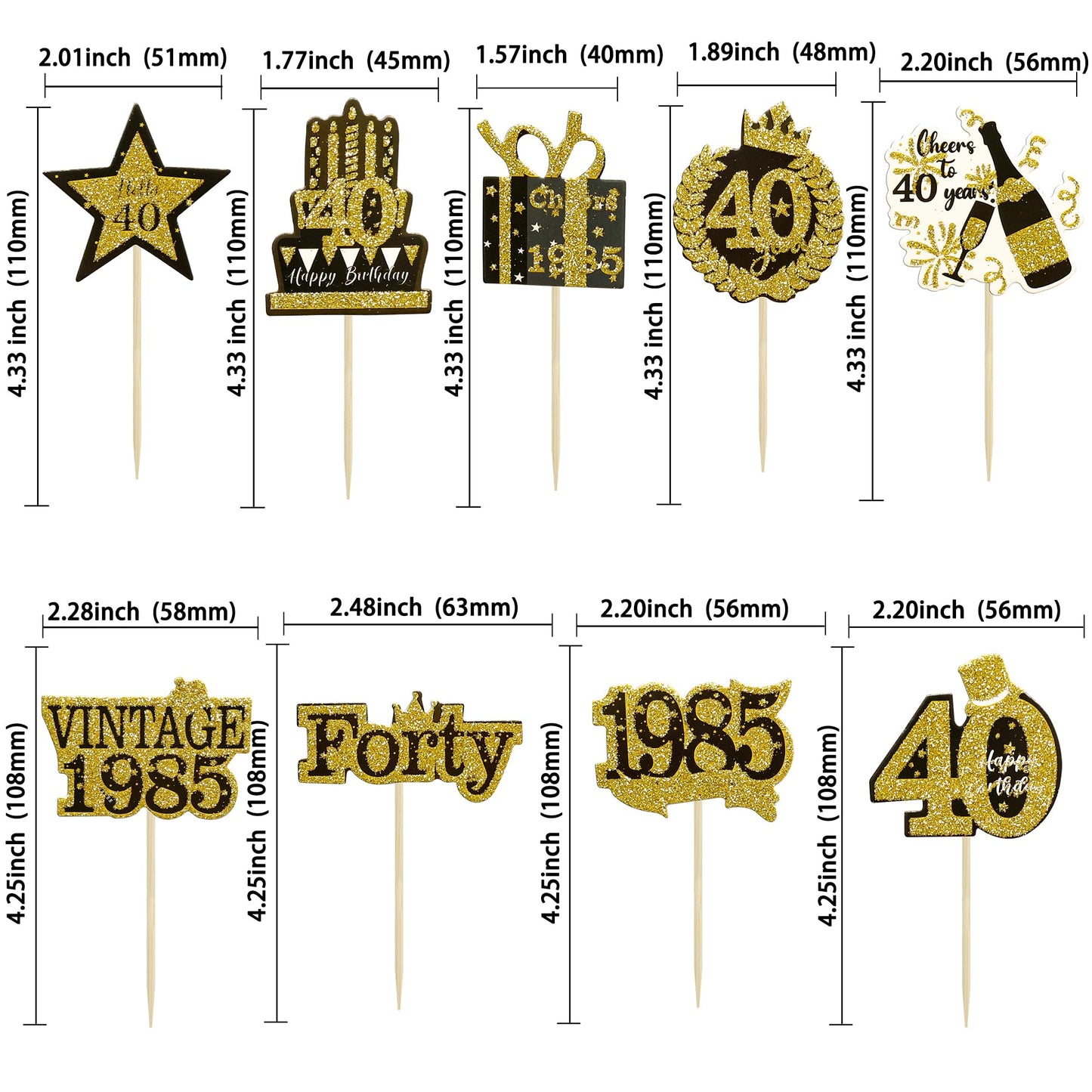 Gyufise 36Pcs Happy 40Th Birthday Cupcake Toppers Glitter Black Gold Forty Hello 40 Vintage 1985 Cupcake Picks Cheers To 40 Year
