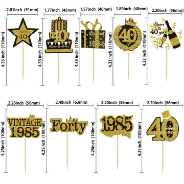 Gyufise 36Pcs Happy 40Th Birthday Cupcake Toppers Glitter Black Gold Forty Hello 40 Vintage 1985 Cupcake Picks Cheers To 40 Year