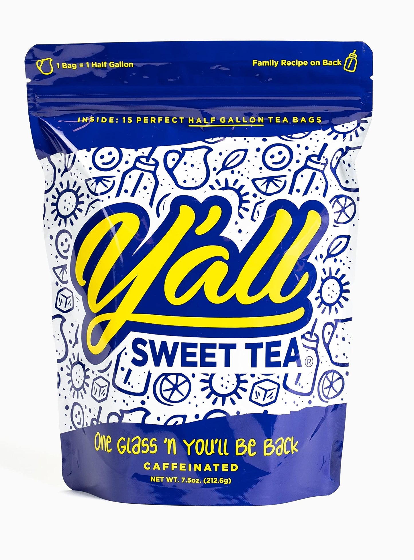 Yall Sweet Tea Pack of 15 Caffeinated Tea Bags for Half Gallon Size