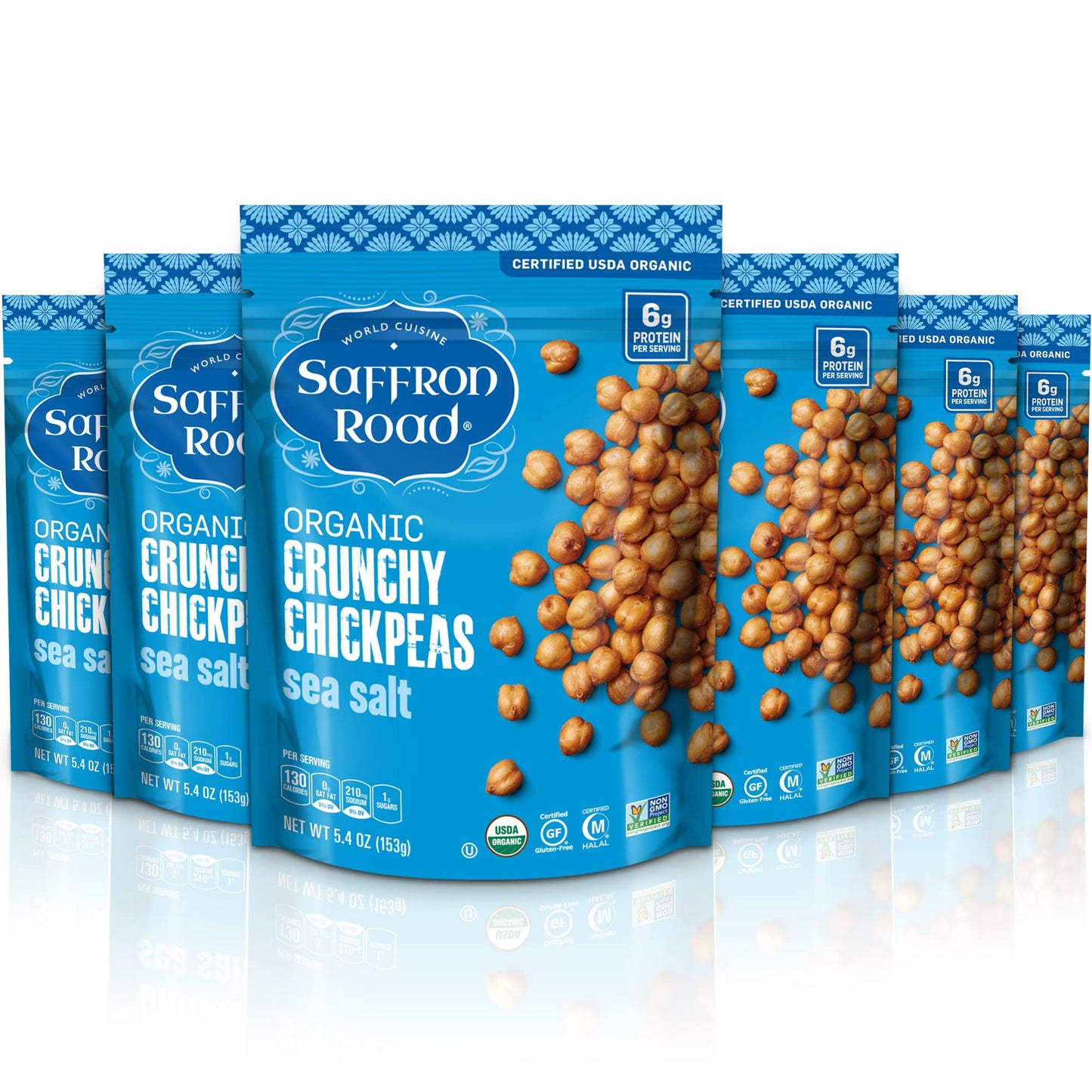 Saffron Road Organic Sea Salt Crunchy Roasted Chickpea Snacks- 5.4Oz 6-Pack, Gluten Free, Non-Gmo, Vegan Dried Crispy Chickpeas