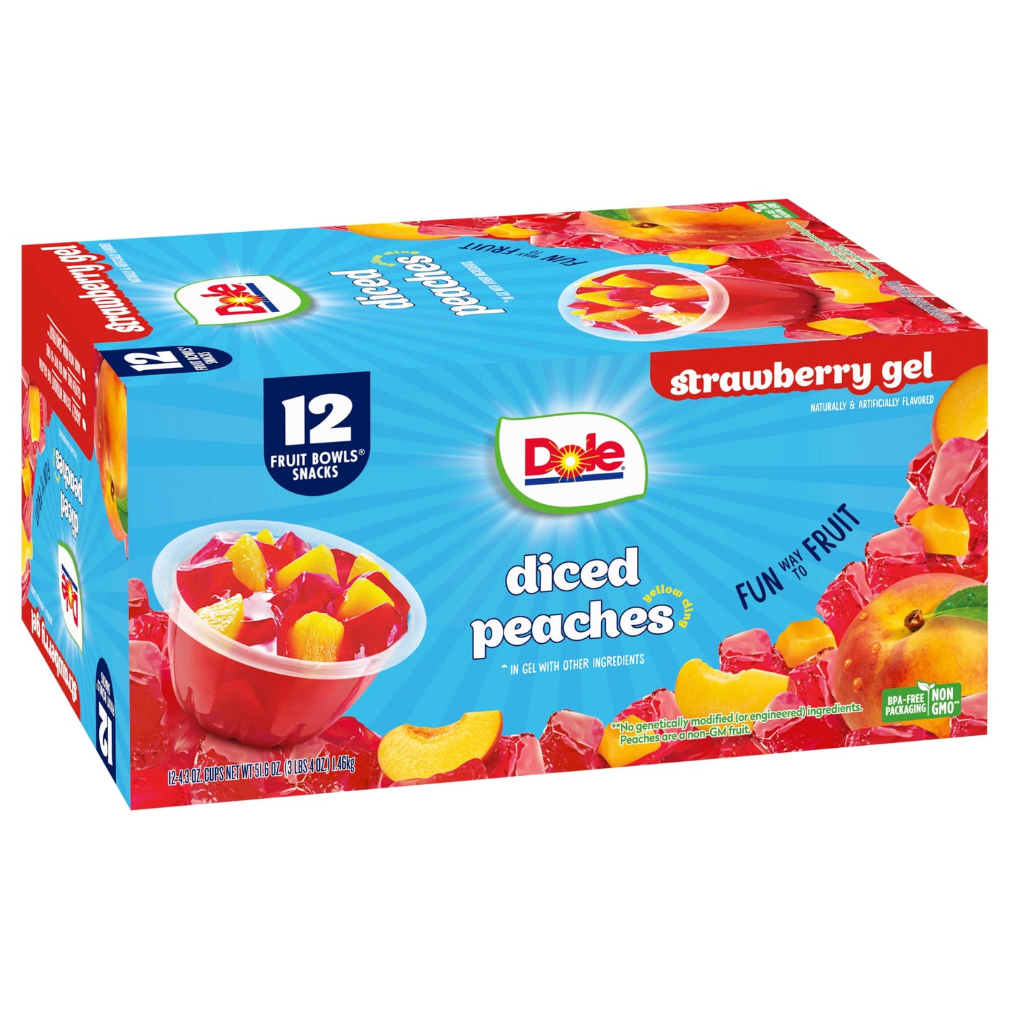Dole Fruit Bowls Peaches in Strawberry Flavored Gel Snacks, 4.3oz 12 Total Cups, Gluten & Dairy Free, Bulk Lunch Snacks for Kids