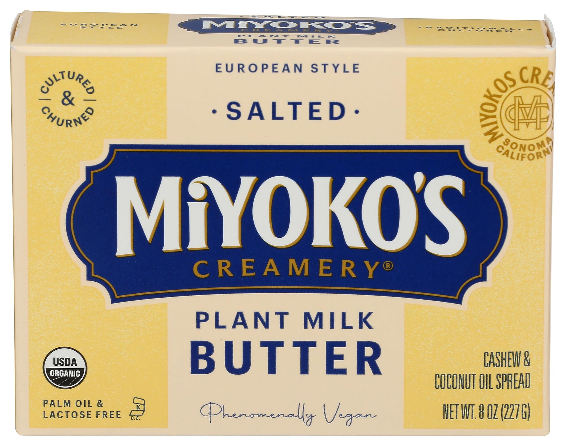 MIYOKOS CREAMERY Organic Salted Vegan Butter, European Style Cultured Plant Milk Butter, 8 Ounce (Pack of 1)