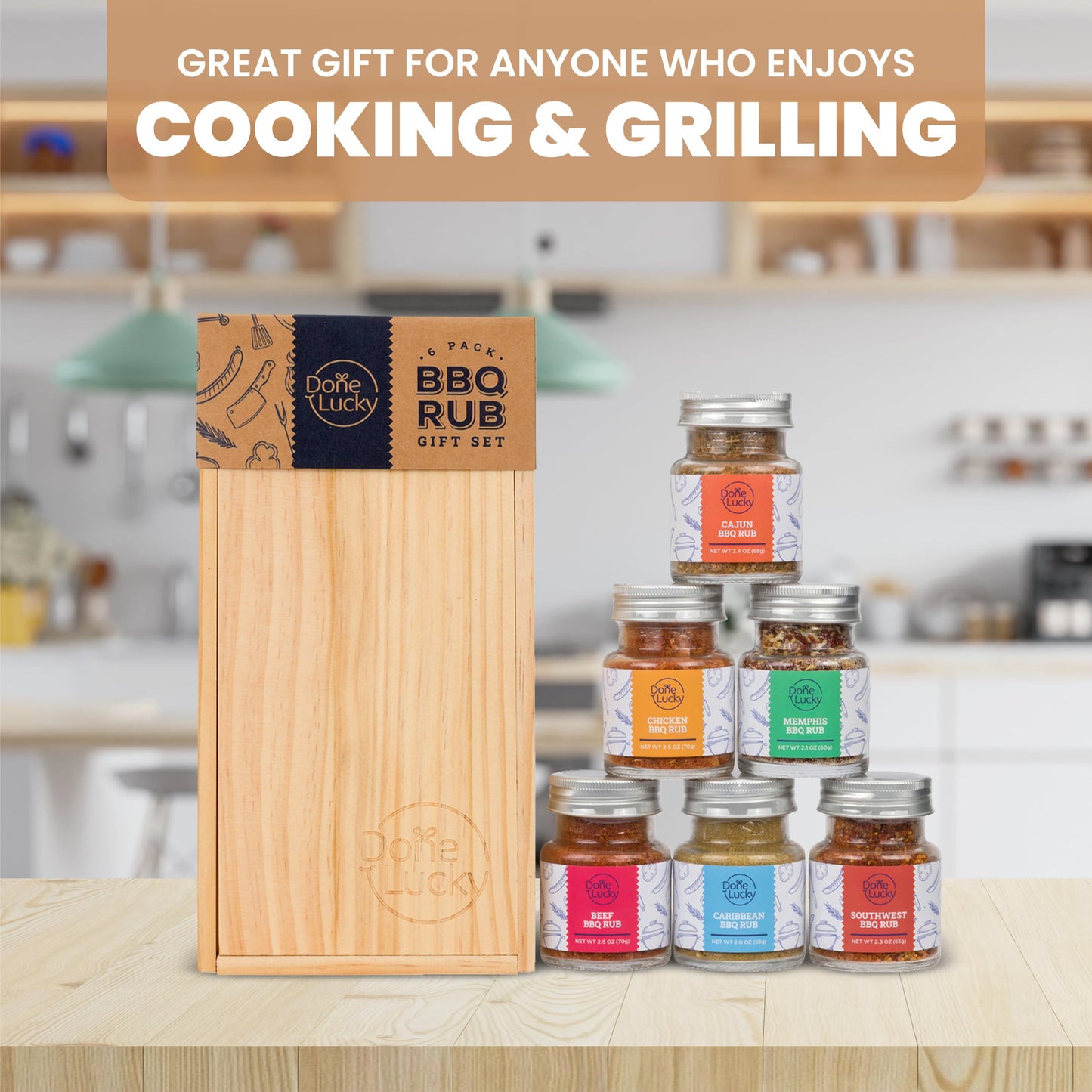 Bbq Rub Gift Set - Spice Gift Set In Enhanced Wooden Box - Great Grilling Gift For Fathers Day, Christmas, Birthday For Him, Dad, Men, Or Her - Unique Barbecue Seasonings (Set Of 6)