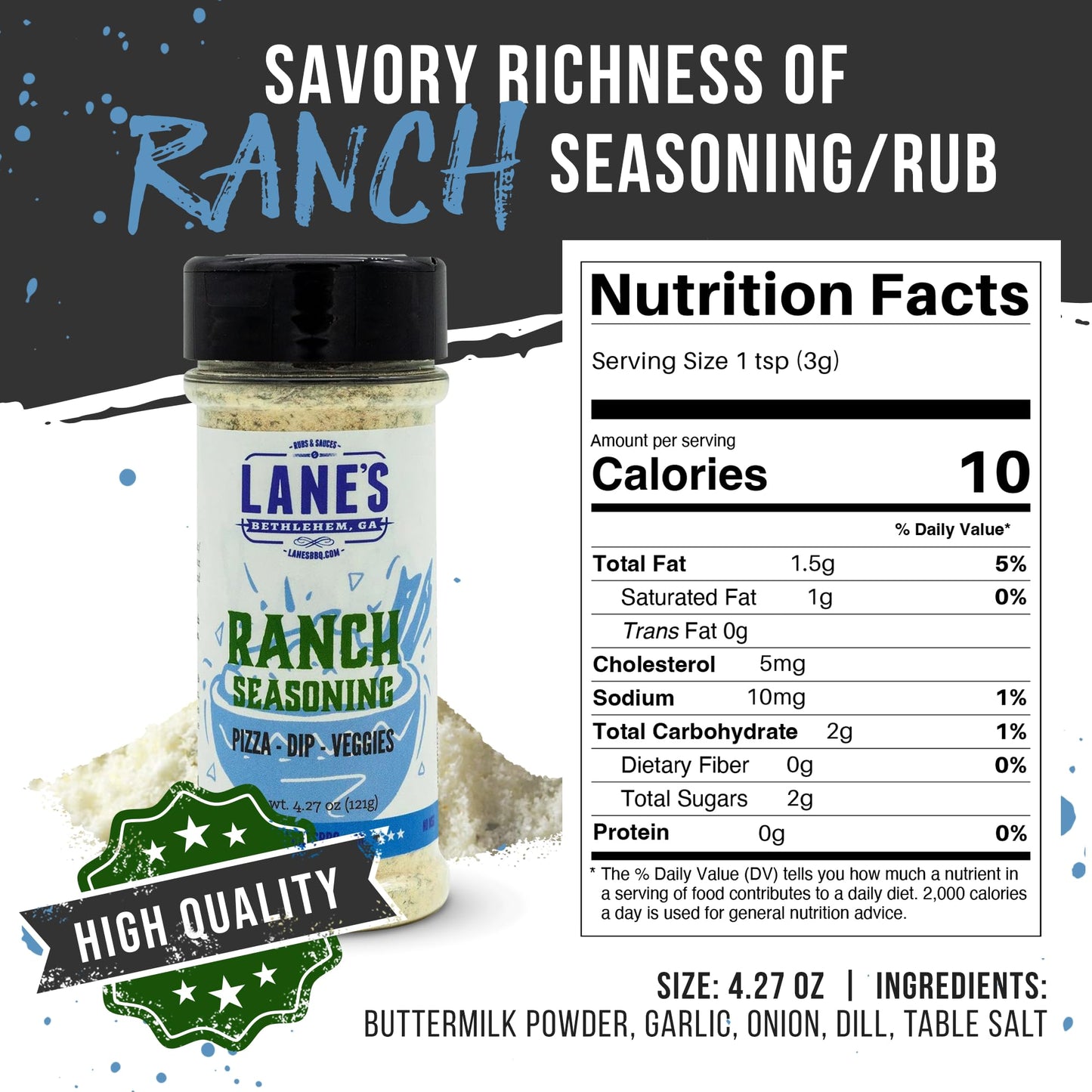 Lane'S Ranch Seasoning Powder - Premium All Natural Ranch Powder For Dips, Wings, Fries, Dressing & Pizza | Ultra Low Sodium Ric