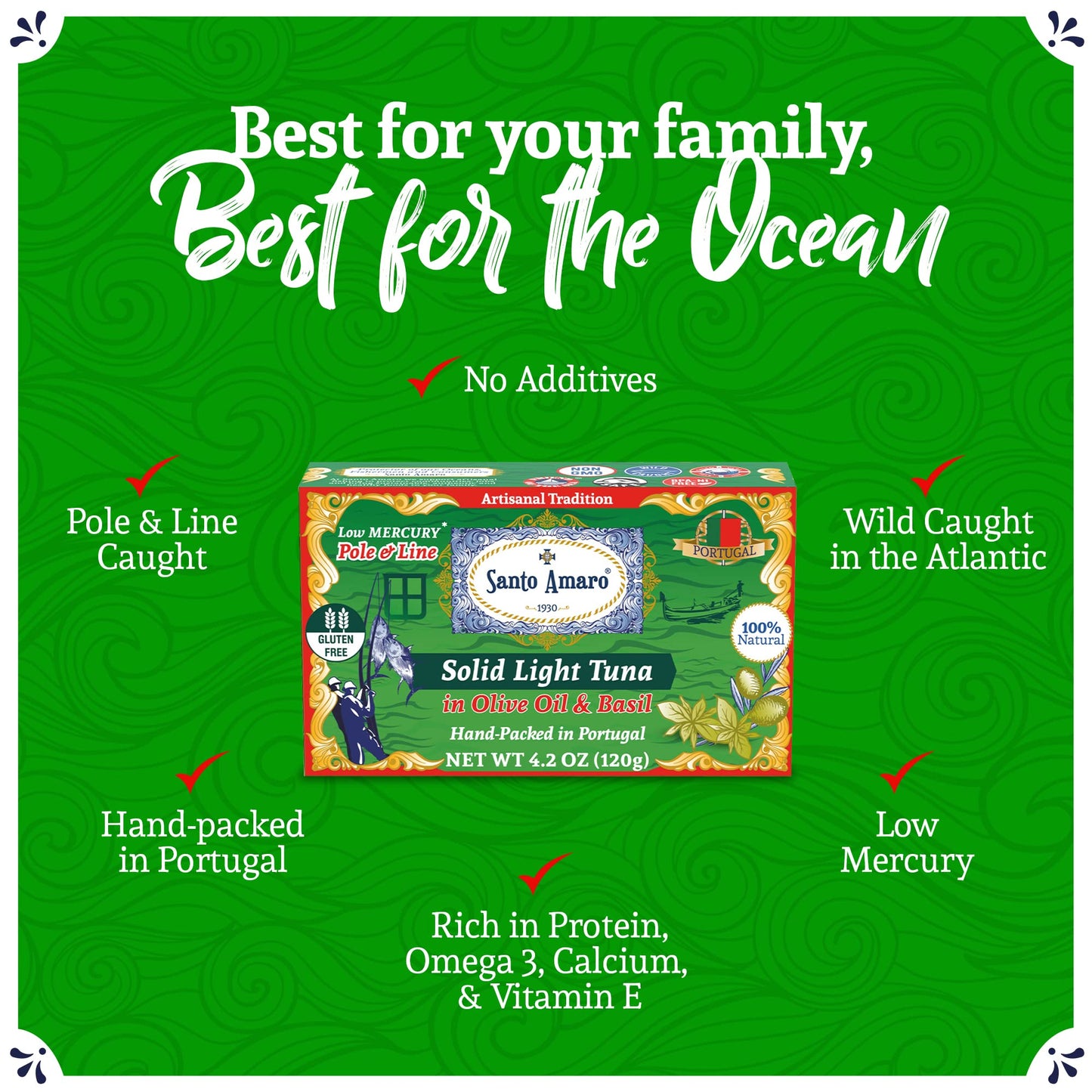 Santo Amaro Artisanal Wild Tuna Fillets in Olive Oil & Basil, 4.2 oz, Pack of 6, Wild Caught, High Protein, Low Mercury, Canned Tuna