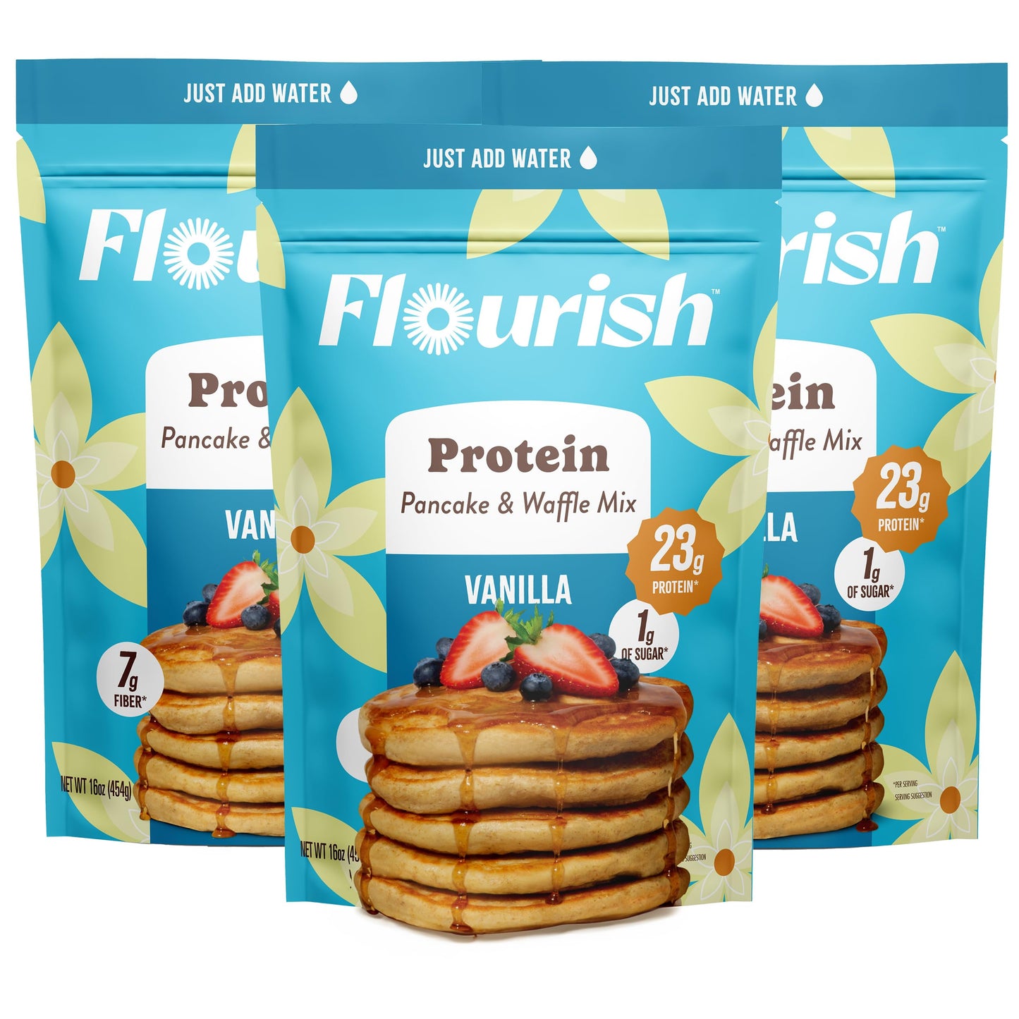 Flourish Protein Pancake & Waffle Mix, High Protein & Fiber, Vanilla Flavor, 430g (3 Pack), No Added Sugar, Made in Canada