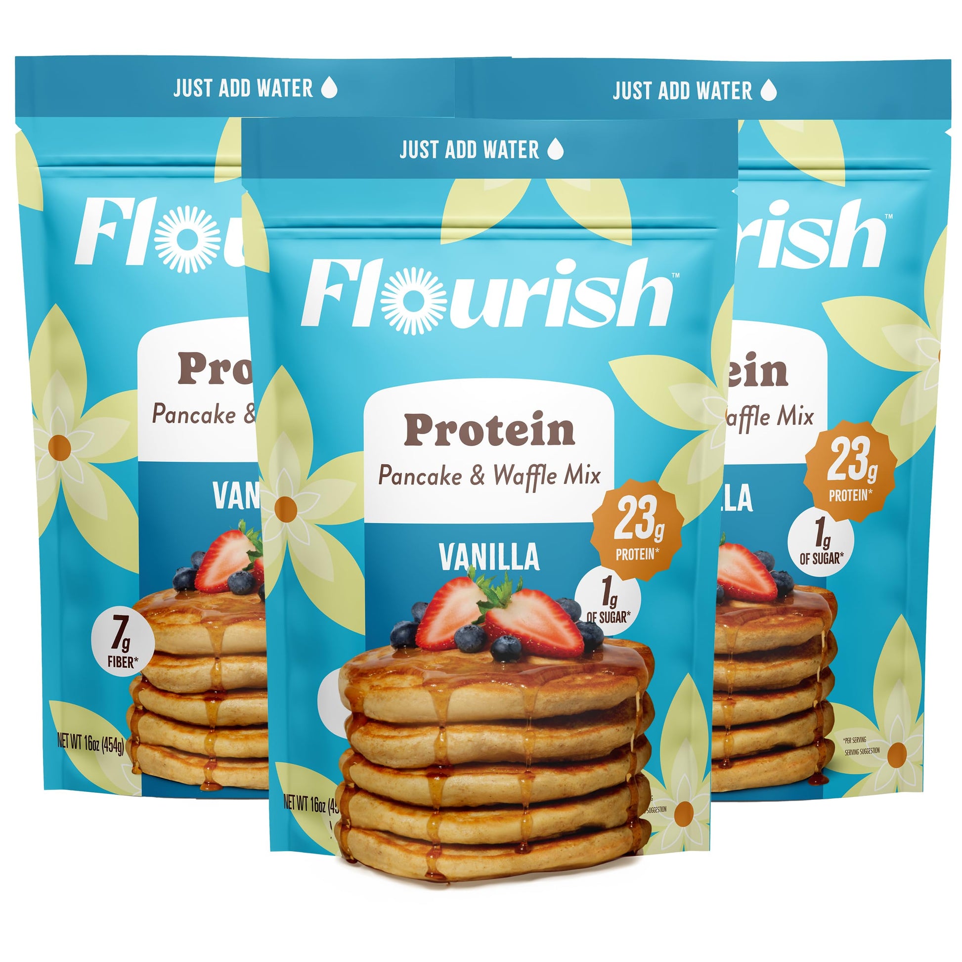 Flourish Protein Pancake & Waffle Mix, High Protein & Fiber, Vanilla Flavor, 430g (3 Pack), No Added Sugar, Made in Canada