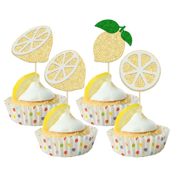 24Pcs Lemon Cupcake Toppers Glitter Flower Ring Fruit Bridal Shower Cupcake Picks For Lemonade Engagament Party Baby Shower Birt