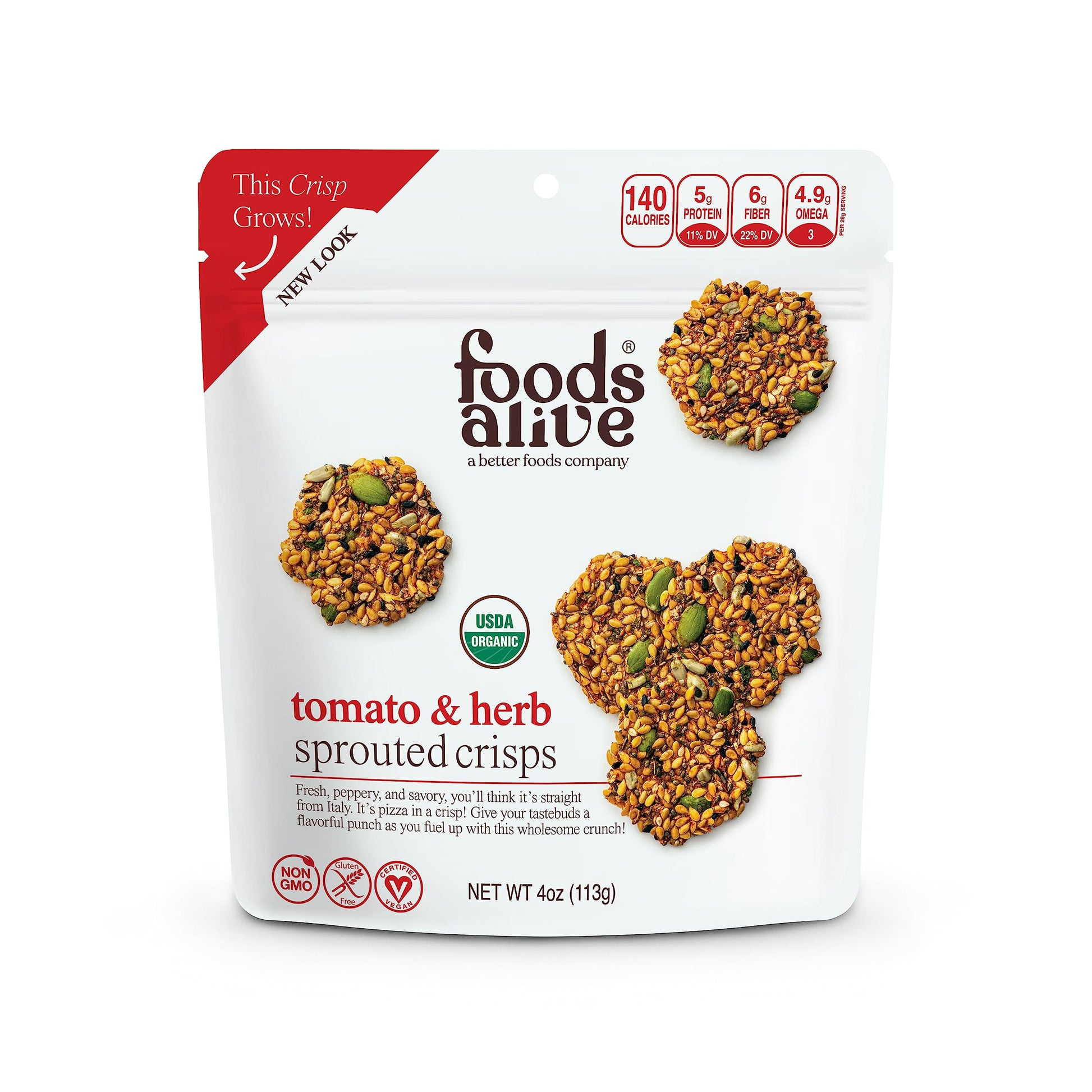 Foods Alive | Organic Tomato & Herb Sprouted Crisps | 4 oz (6-Pack) - Gluten Free, Kosher, Vegan, Keto, Paleo Crackers