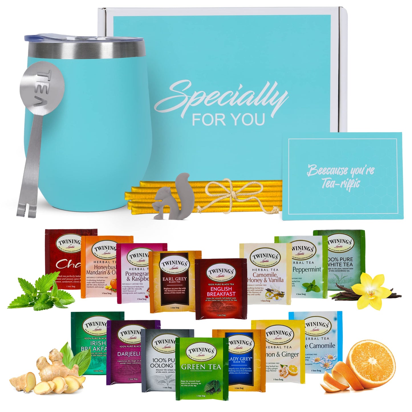Modern Elegance Tea Tumbler Gift Set – Includes Tea Bag Holder, Spoon, Honey Straw, 15 Assorted Flavor Blends & Hot & Cold 12Oz Insulated Tumbler – Ideal For Holiday Gift For Tea Lovers – Teal
