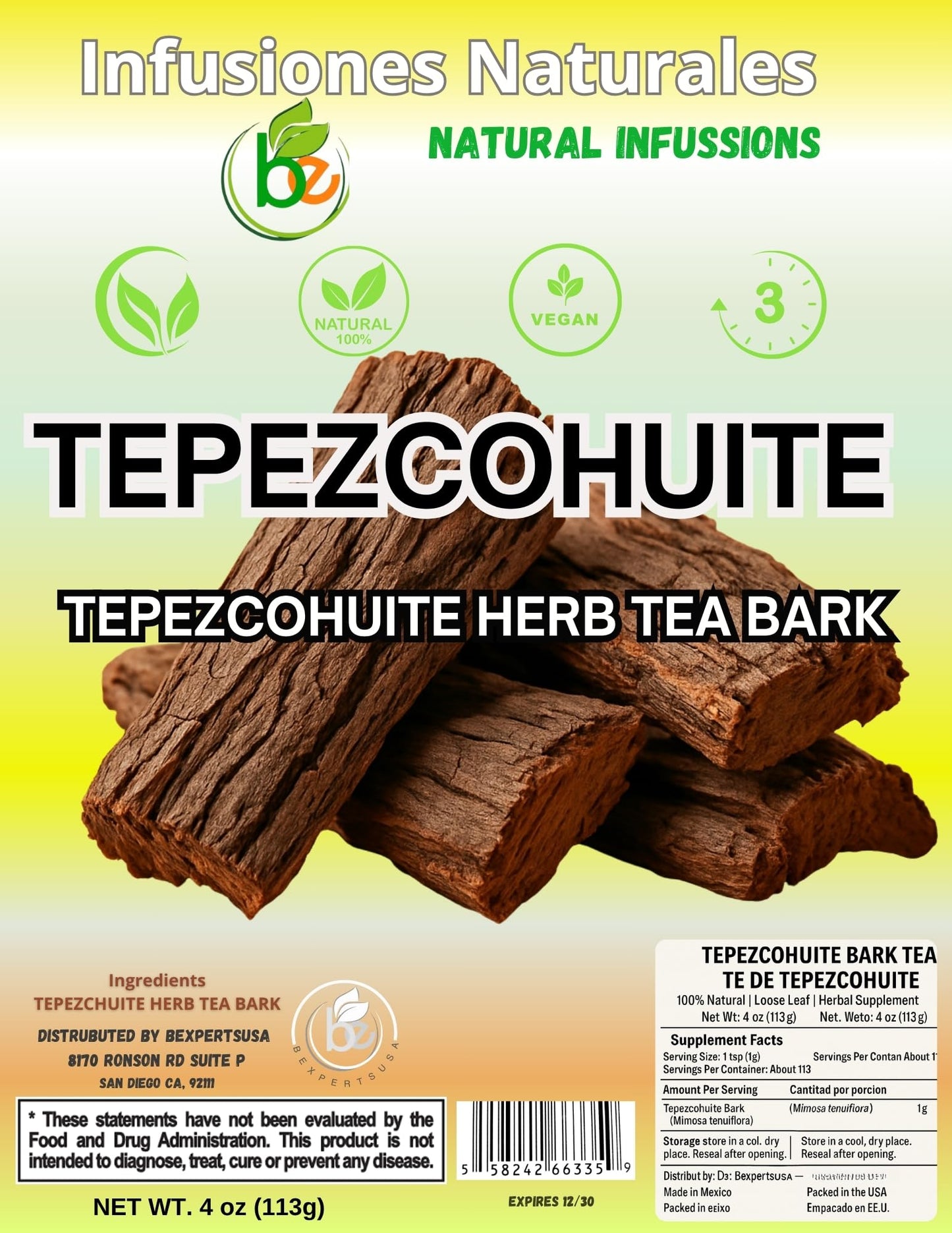BEXPERTSUSA Tepezcohuite Herbal Tea – 100% Natural Wildcrafted Infusion – 4 oz Loose Bark – Vegan, Non-GMO, Caffeine-Free